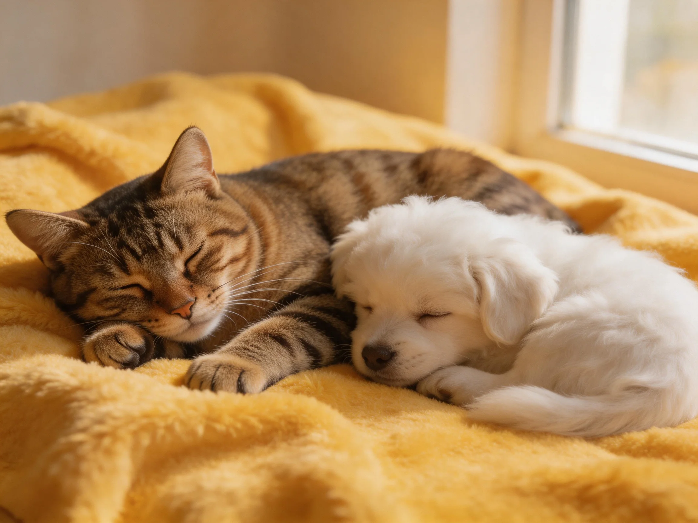 A tabby cat and white puppy sleep closely on a yellow blanket near a window