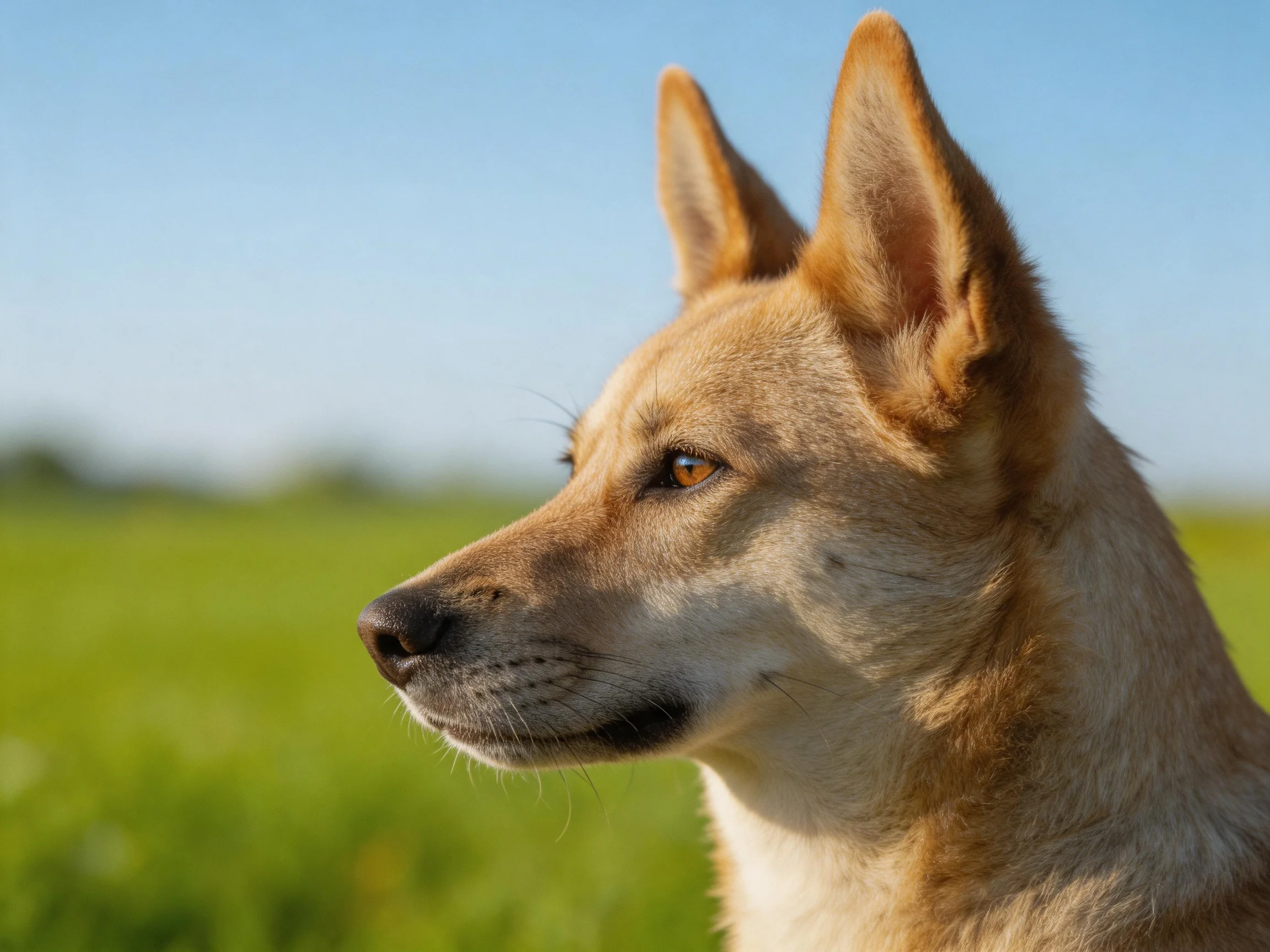 A tan - coated dog with upright ears overlooks a sunlit green field