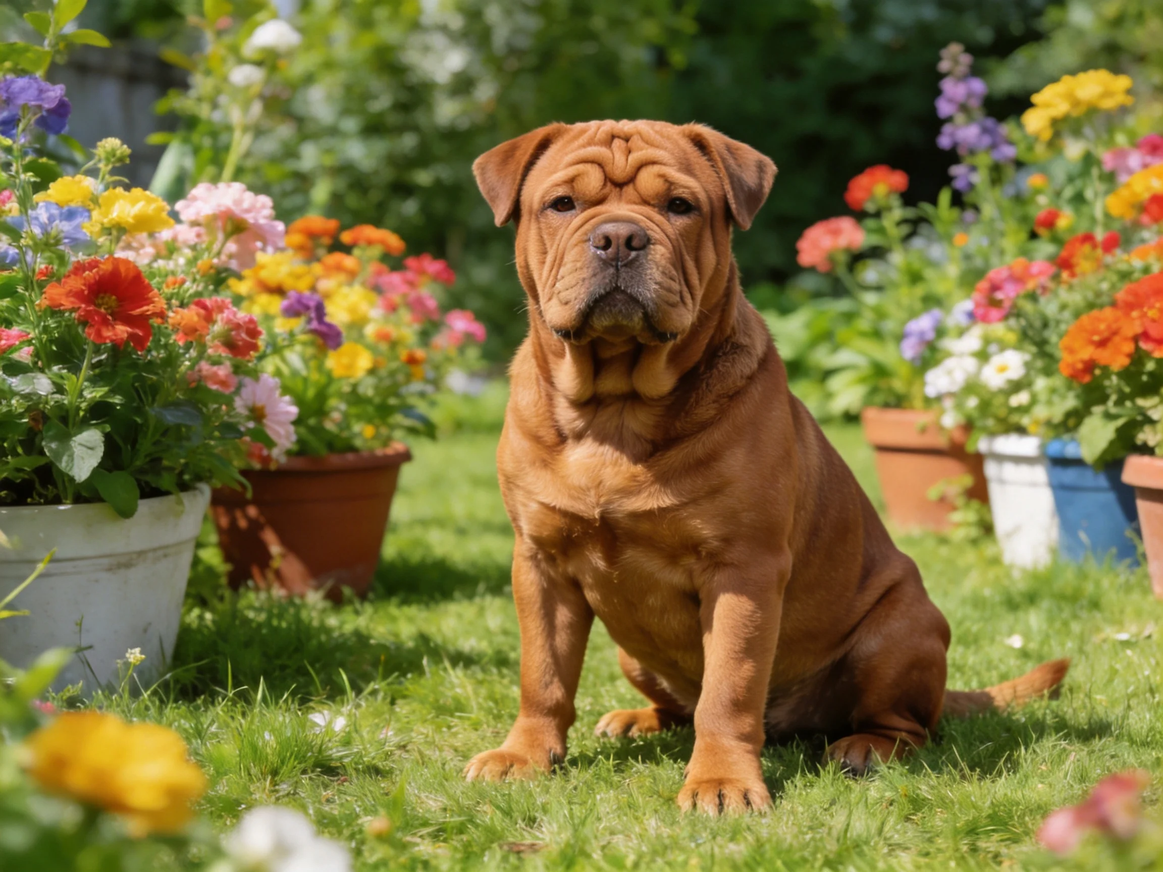 A tan - colored dog sits amid colorful flower pots in a sunlit garden