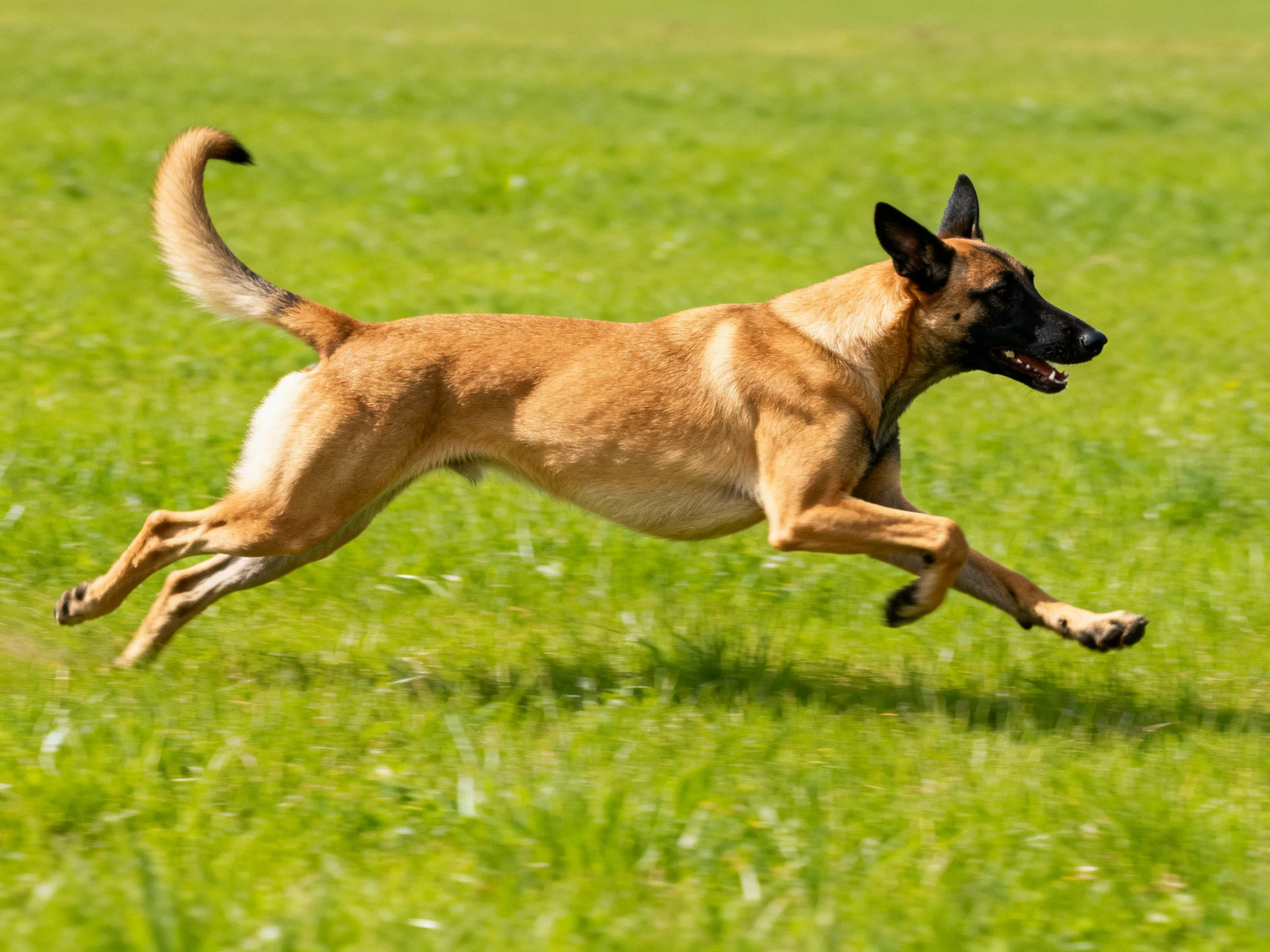 A tan Belgian Malinois runs energetically across a green field.