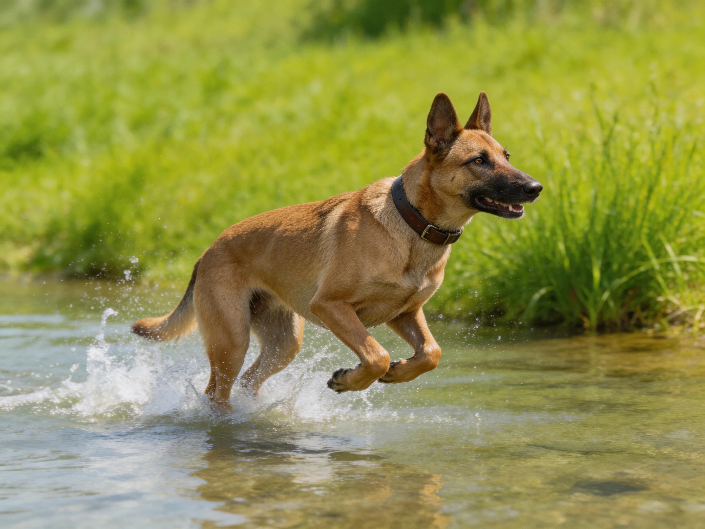 A tan Belgian Malinois leaps through shallow water near lush green grass