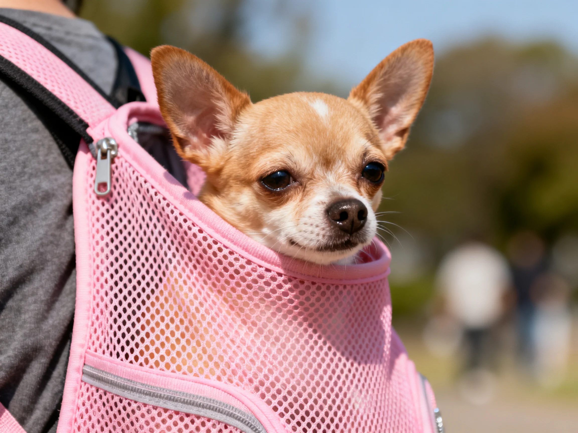 A tan Chihuahua rests in a pink mesh pet carrier outdoors