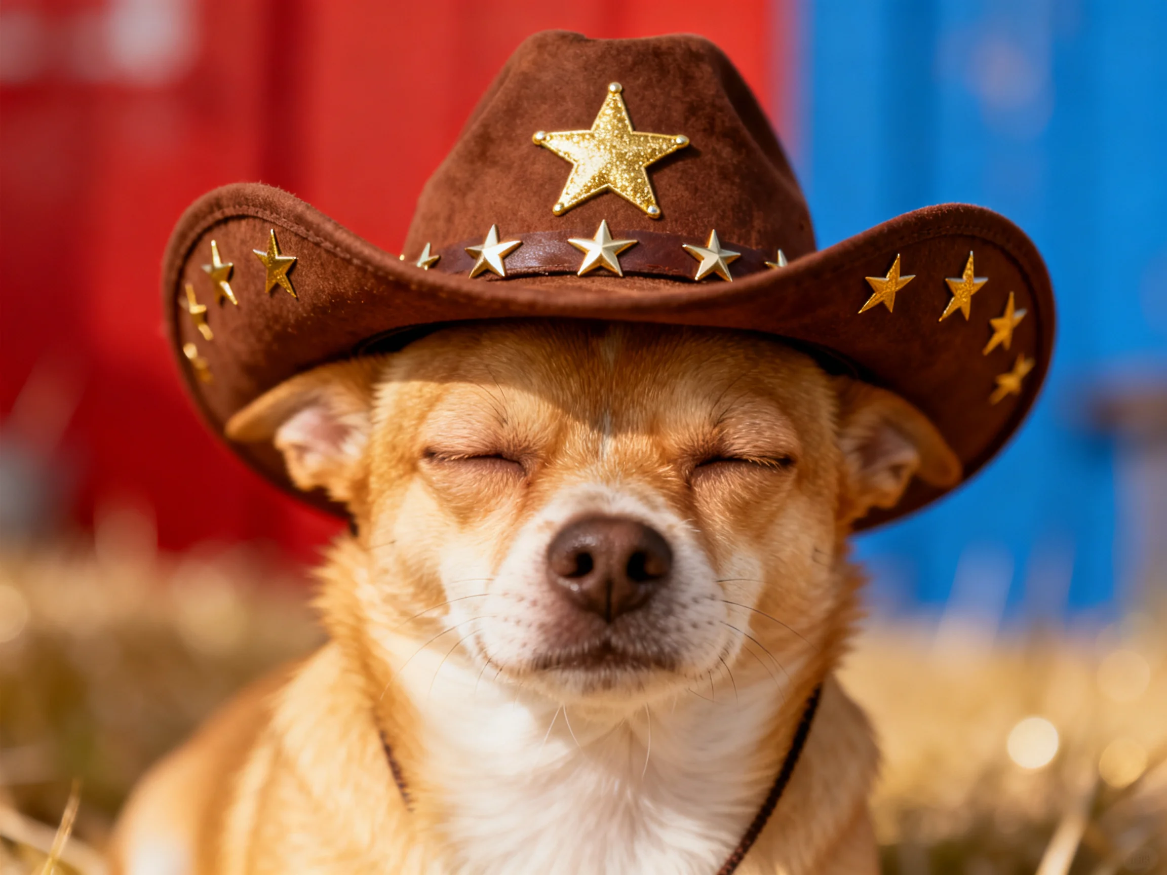 A tan Chihuahua wearing a brown star-decorated cowboy hat