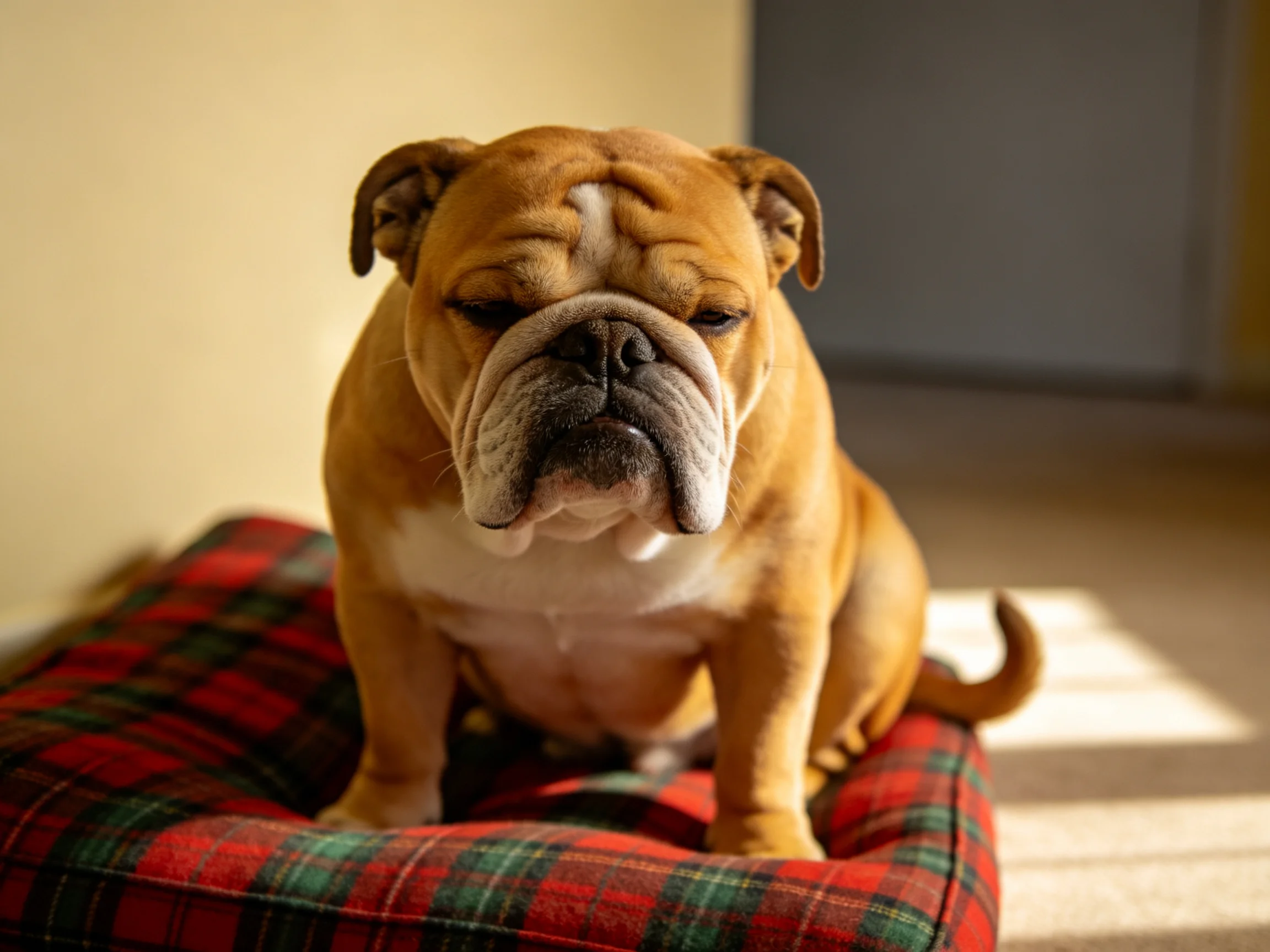 A tan English bulldog rests on a red-green plaid pet bed indoors