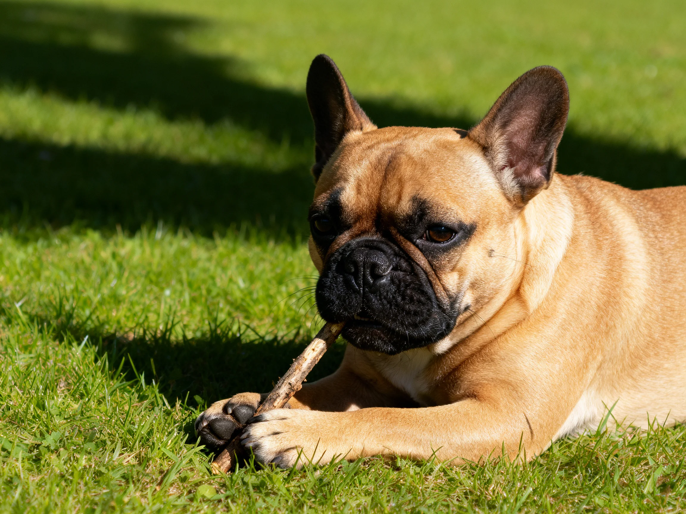 A tan French Bulldog chews a stick on lush green lawn