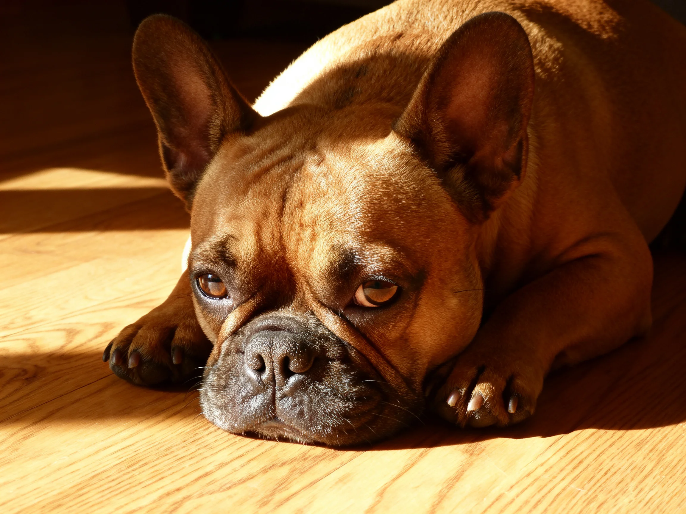 A tan French Bulldog rests on a sunlit wooden floor.