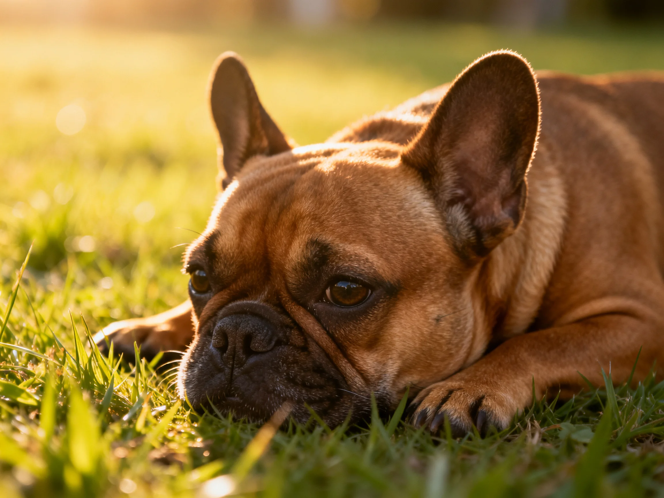 A tan French Bulldog relaxes on grass in a sunlit outdoor setting.