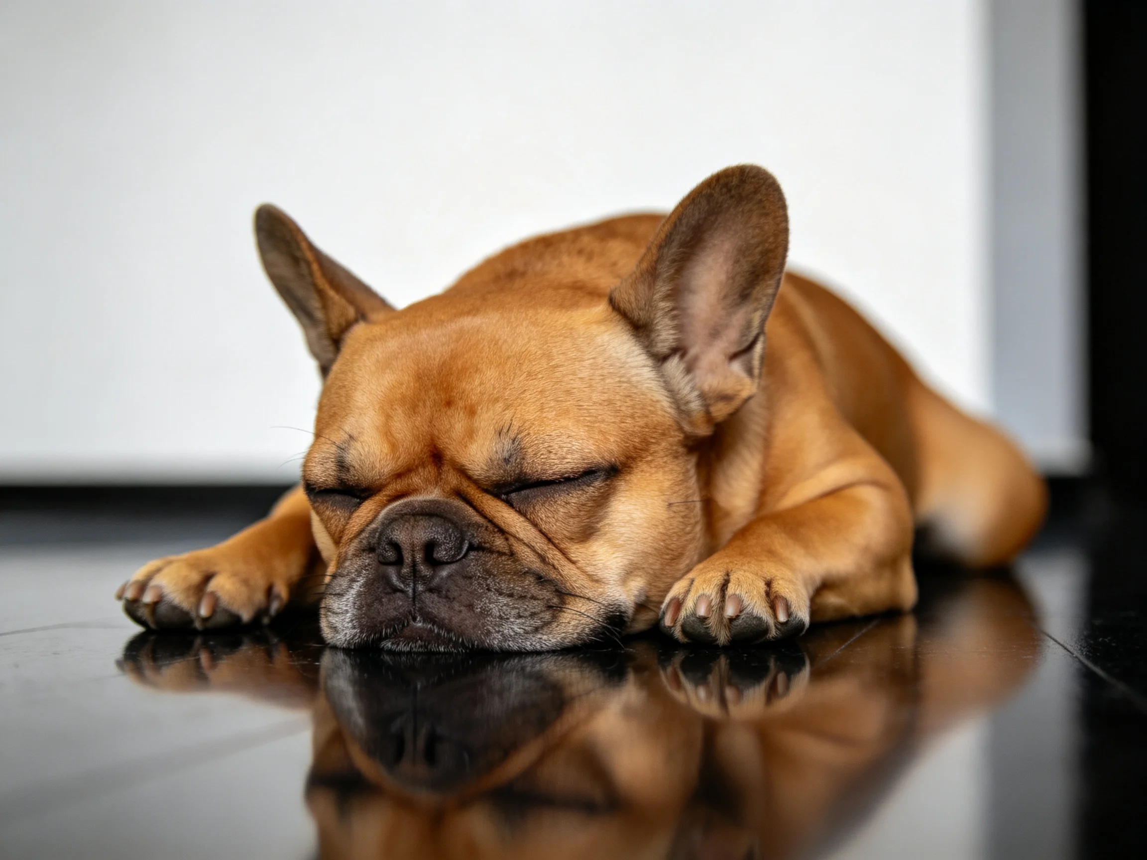 A tan French Bulldog sleeps on a glossy black reflective floor