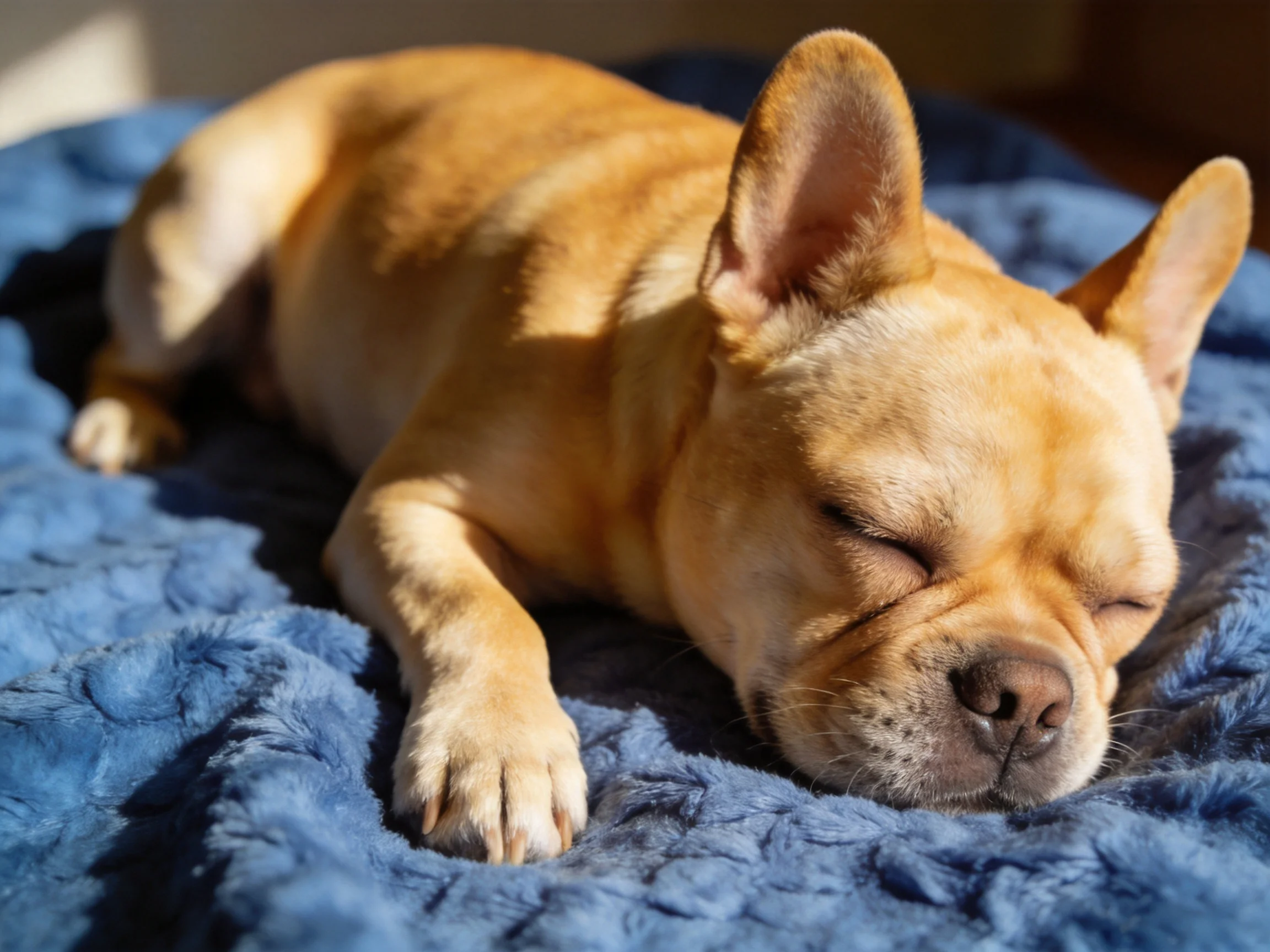 A tan French Bulldog sleeps on a plush blue blanket