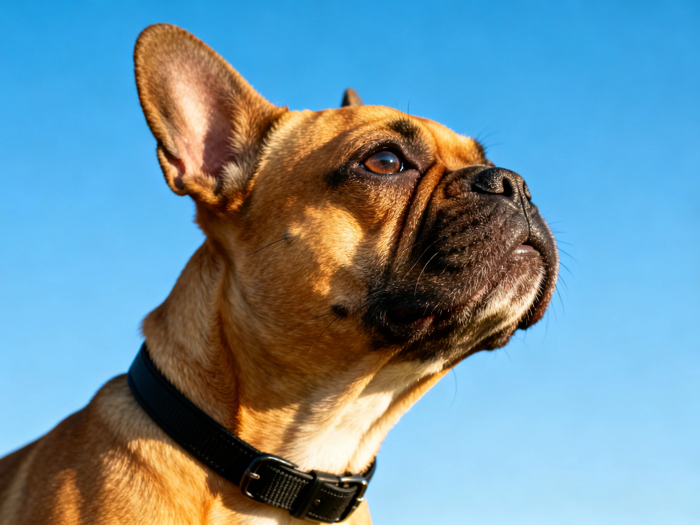 A tan French Bulldog wearing a black collar looks upward toward a bright blue sky.