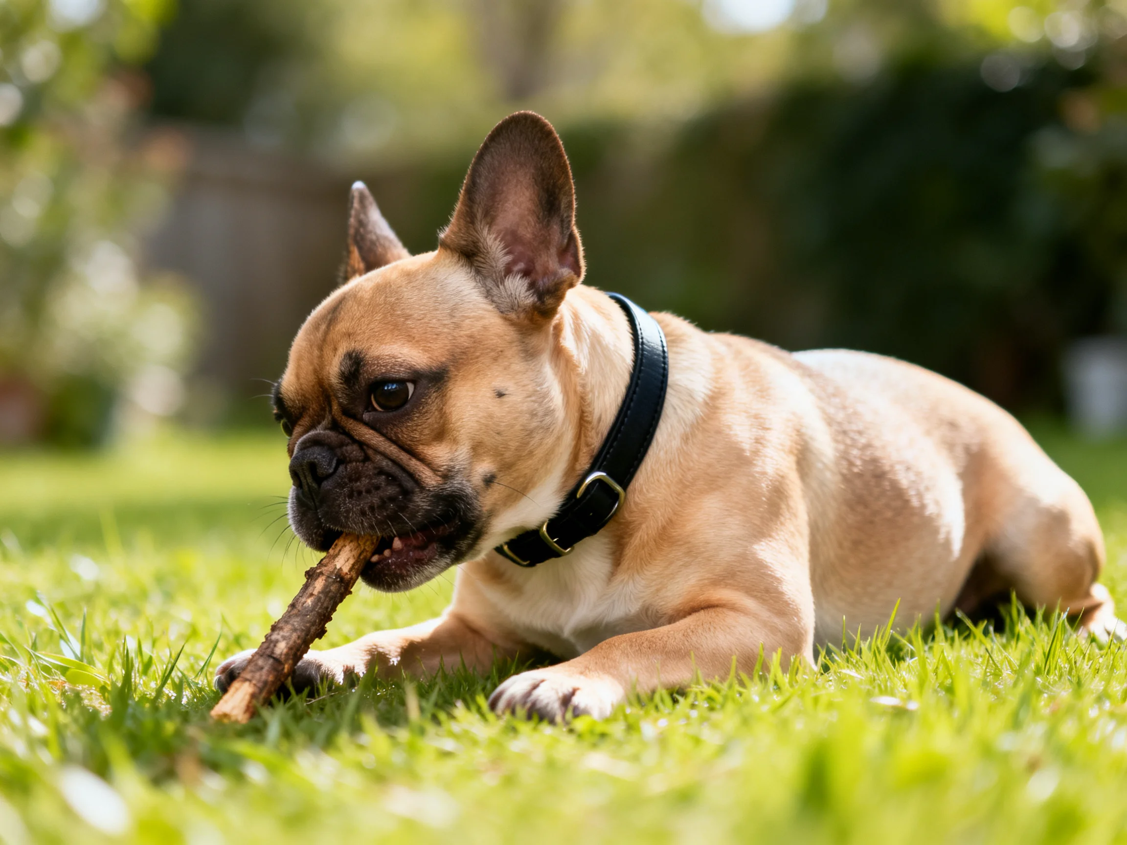 A tan French bulldog chews a large wooden stick on green grass