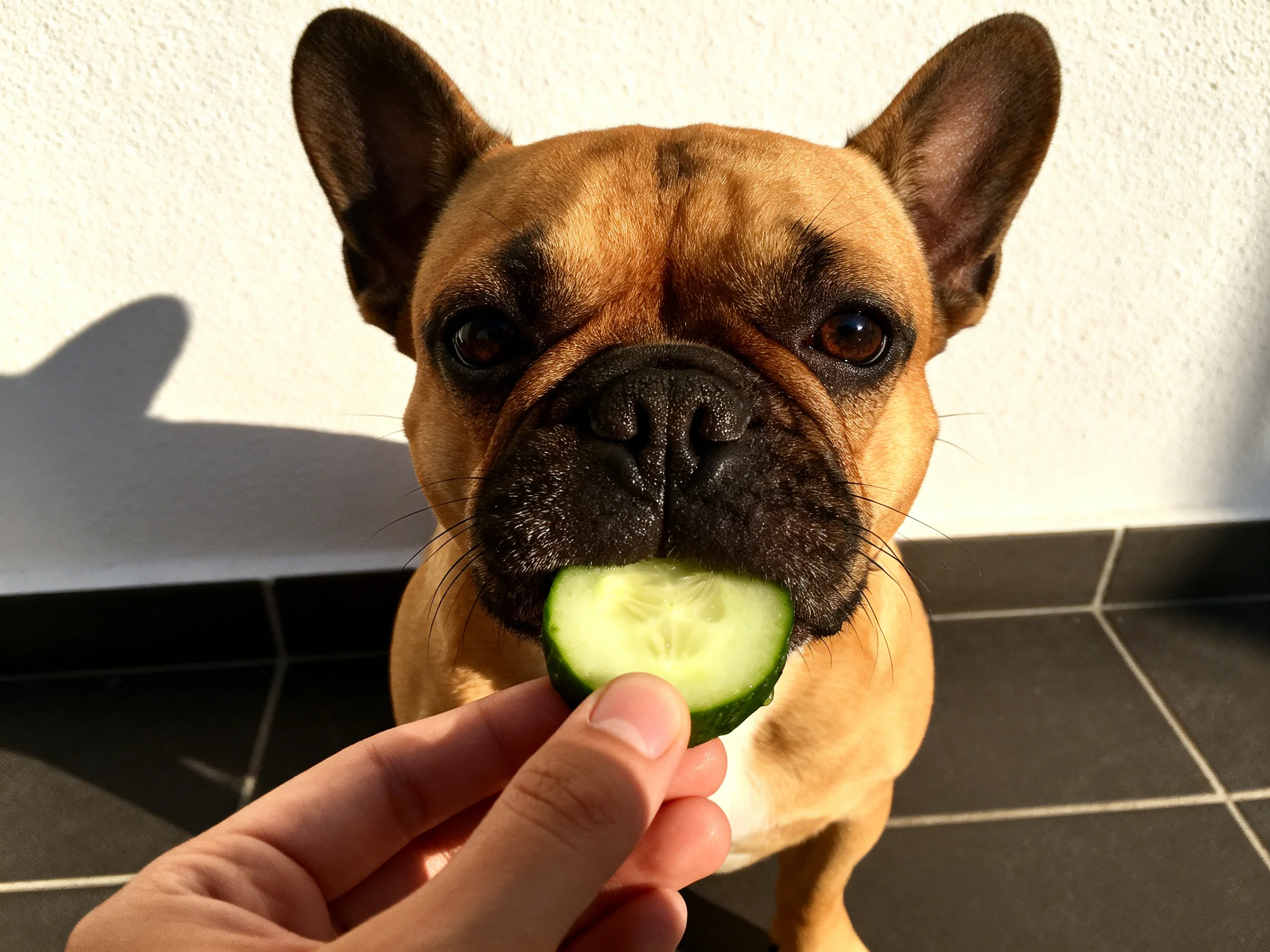 A tan French bulldog eating a cucumber slice from a hand