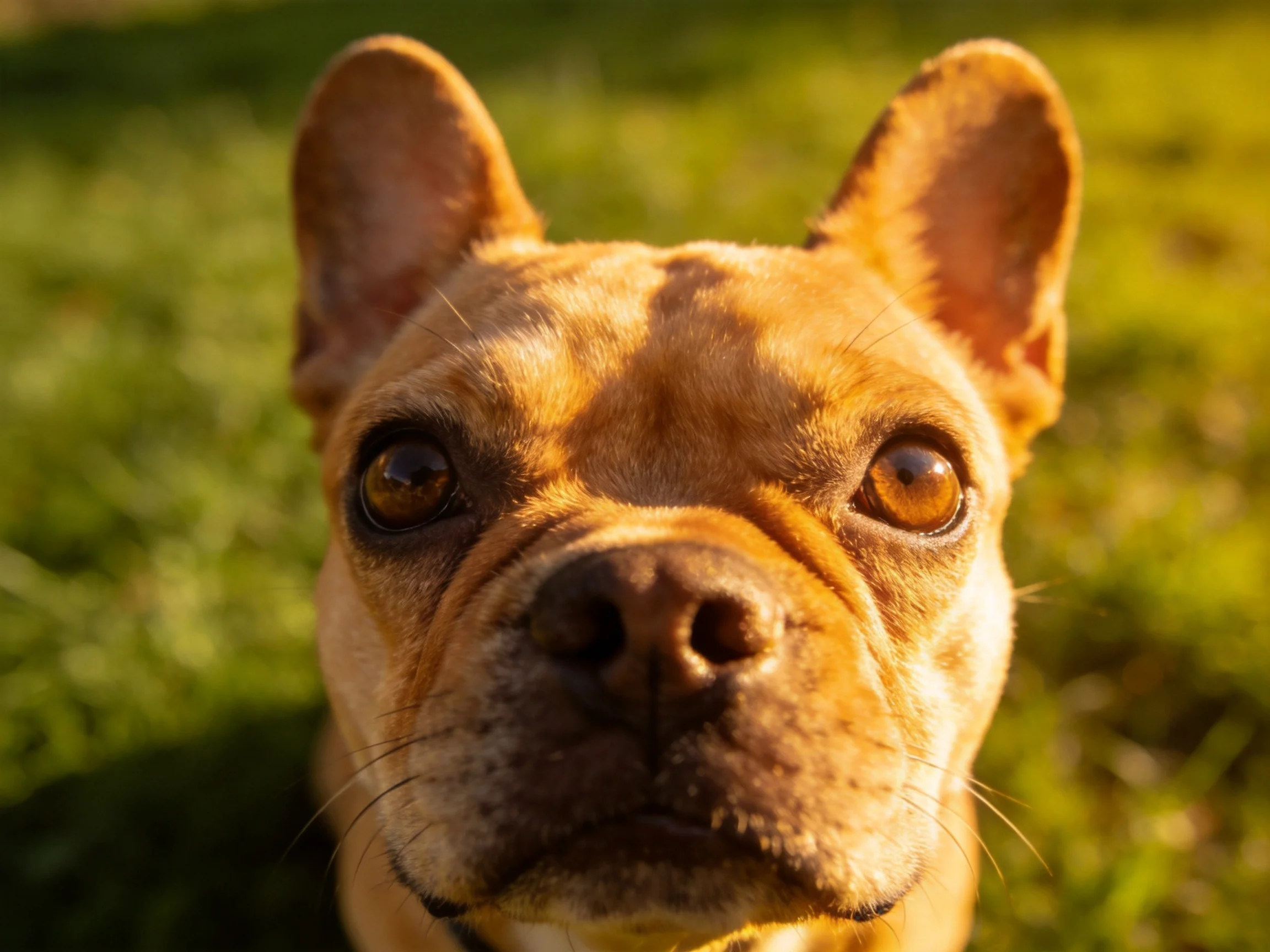 A tan French bulldog gazes directly into the camera on green grass