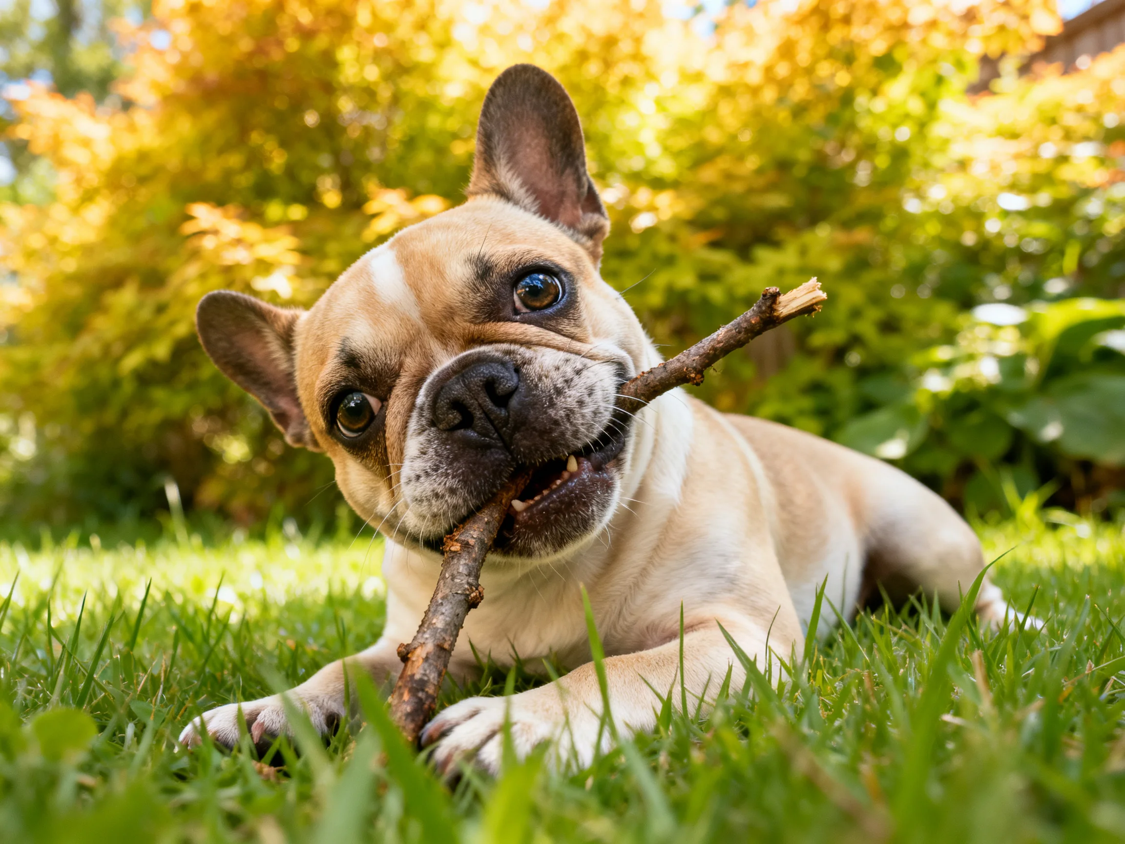 A tan French bulldog chews a stick while lying on grass in a sunny area.