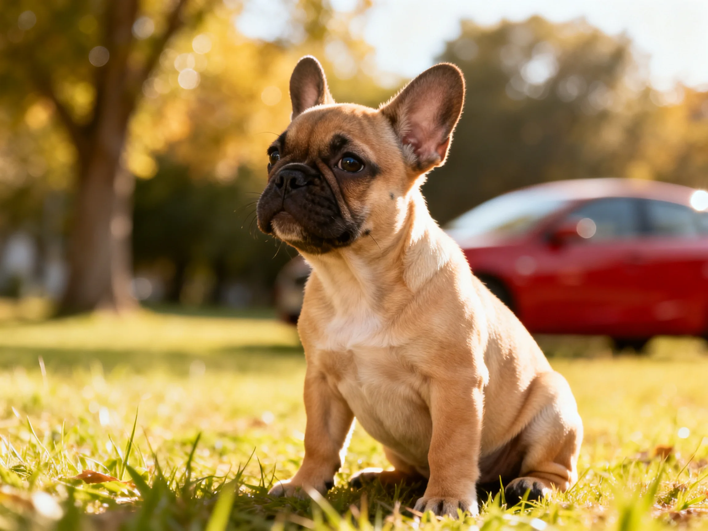 A tan French bulldog puppy sits on grass in a sunlit park area with a red car nearby.