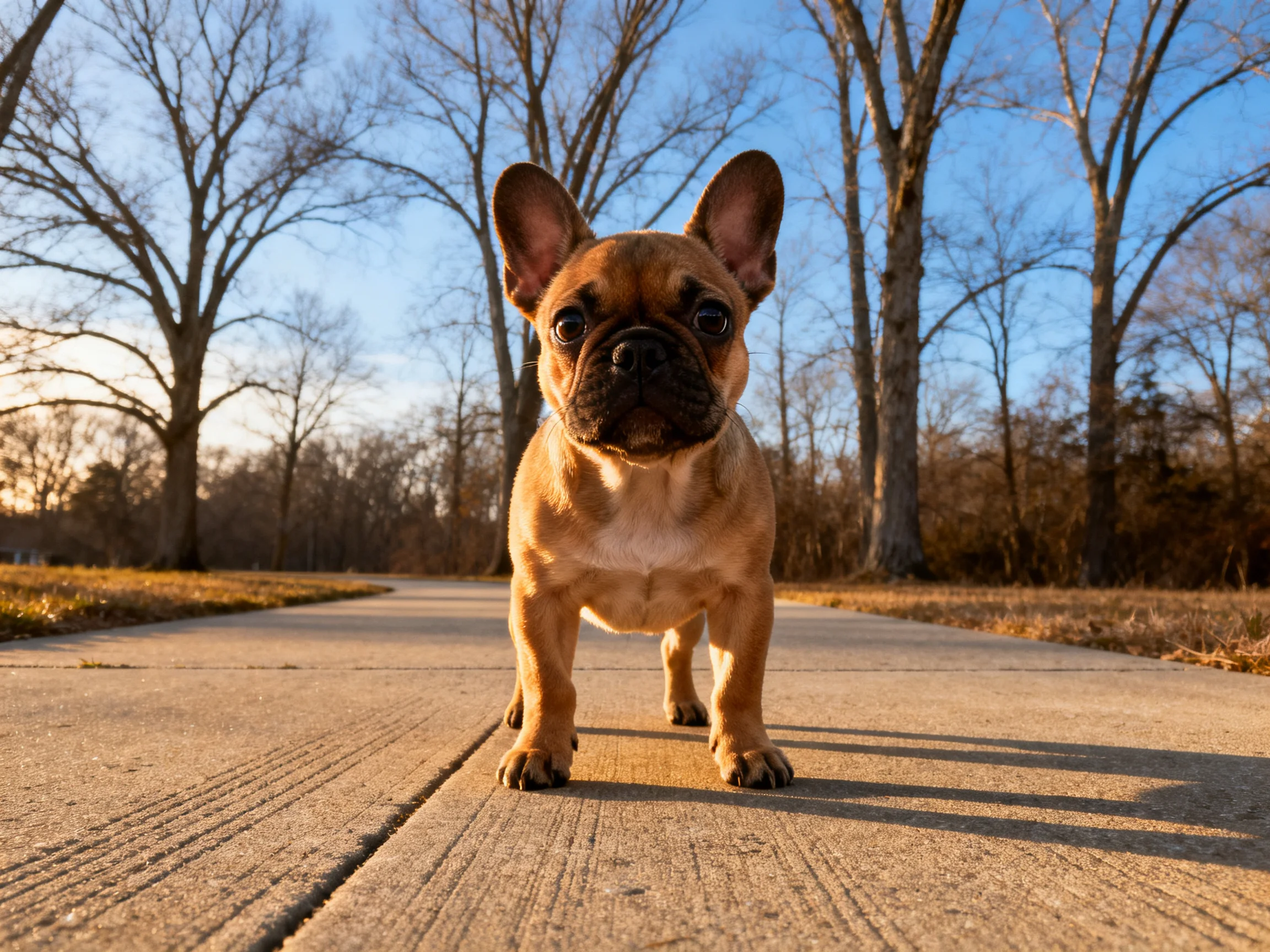 A small tan French bulldog puppy stands on a sunlit concrete path near leafless trees.