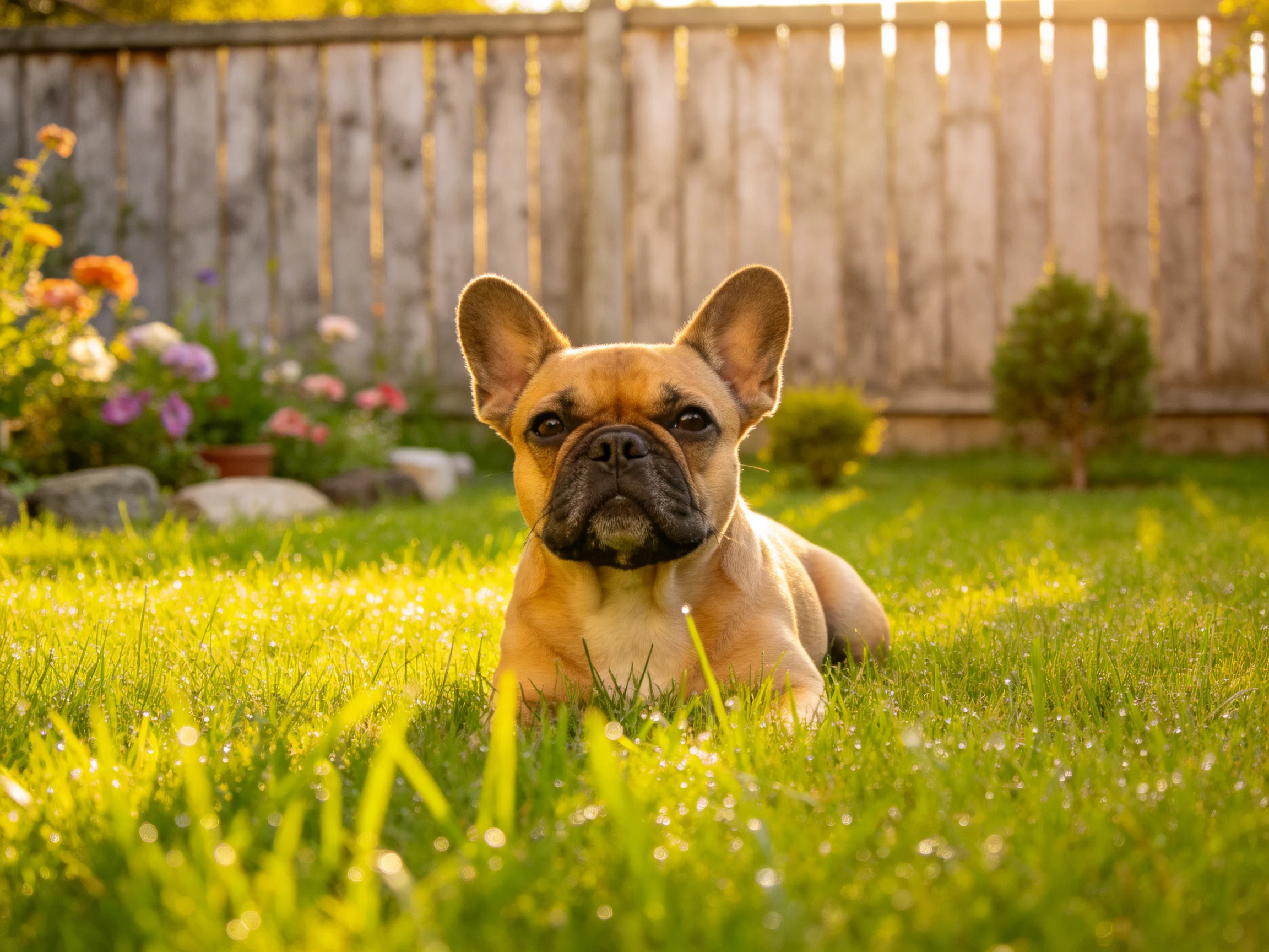 A tan French bulldog rests in a sunlit backyard garden