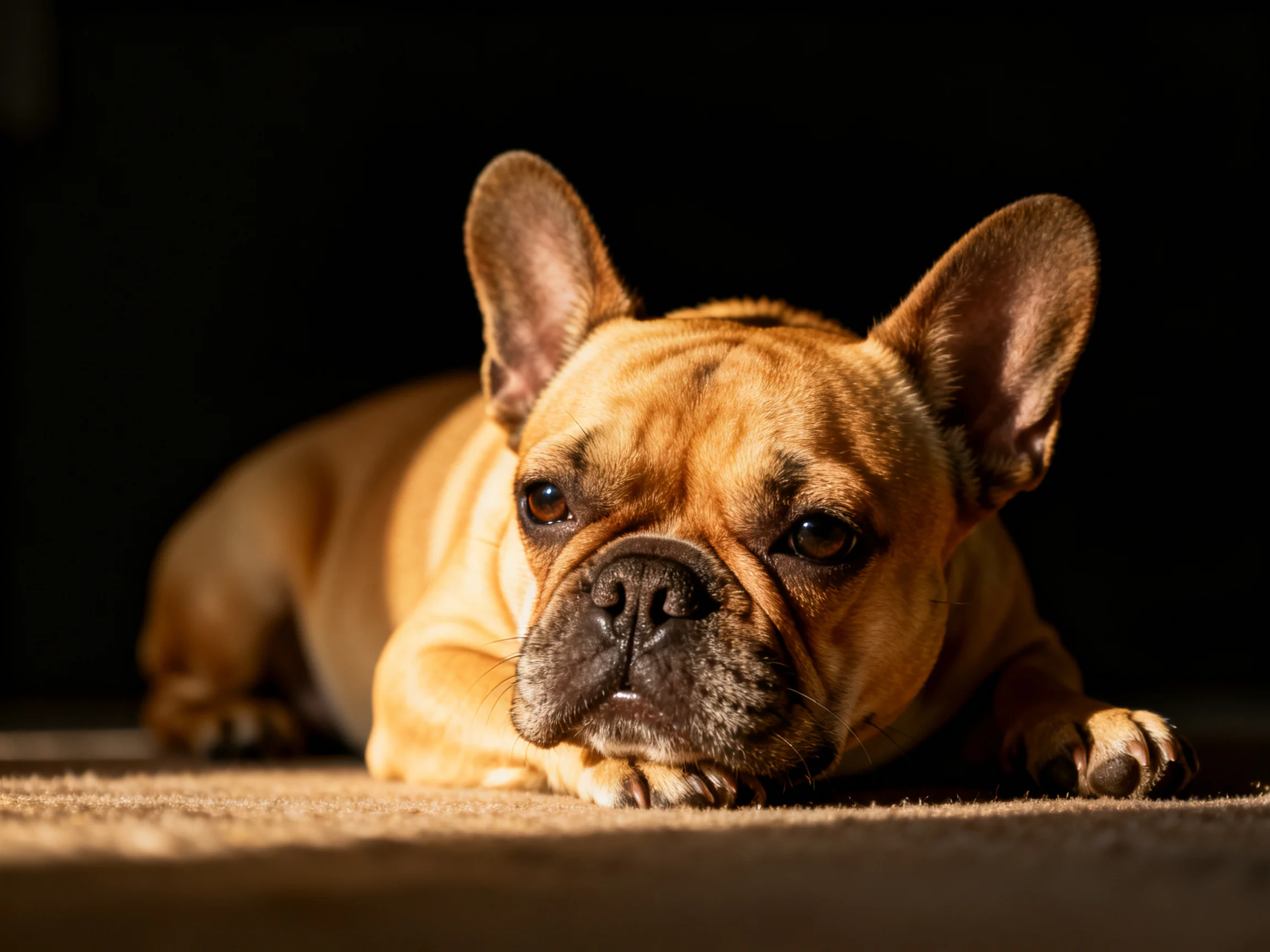 A tan French bulldog lies calmly on a carpeted area with dramatic lighting