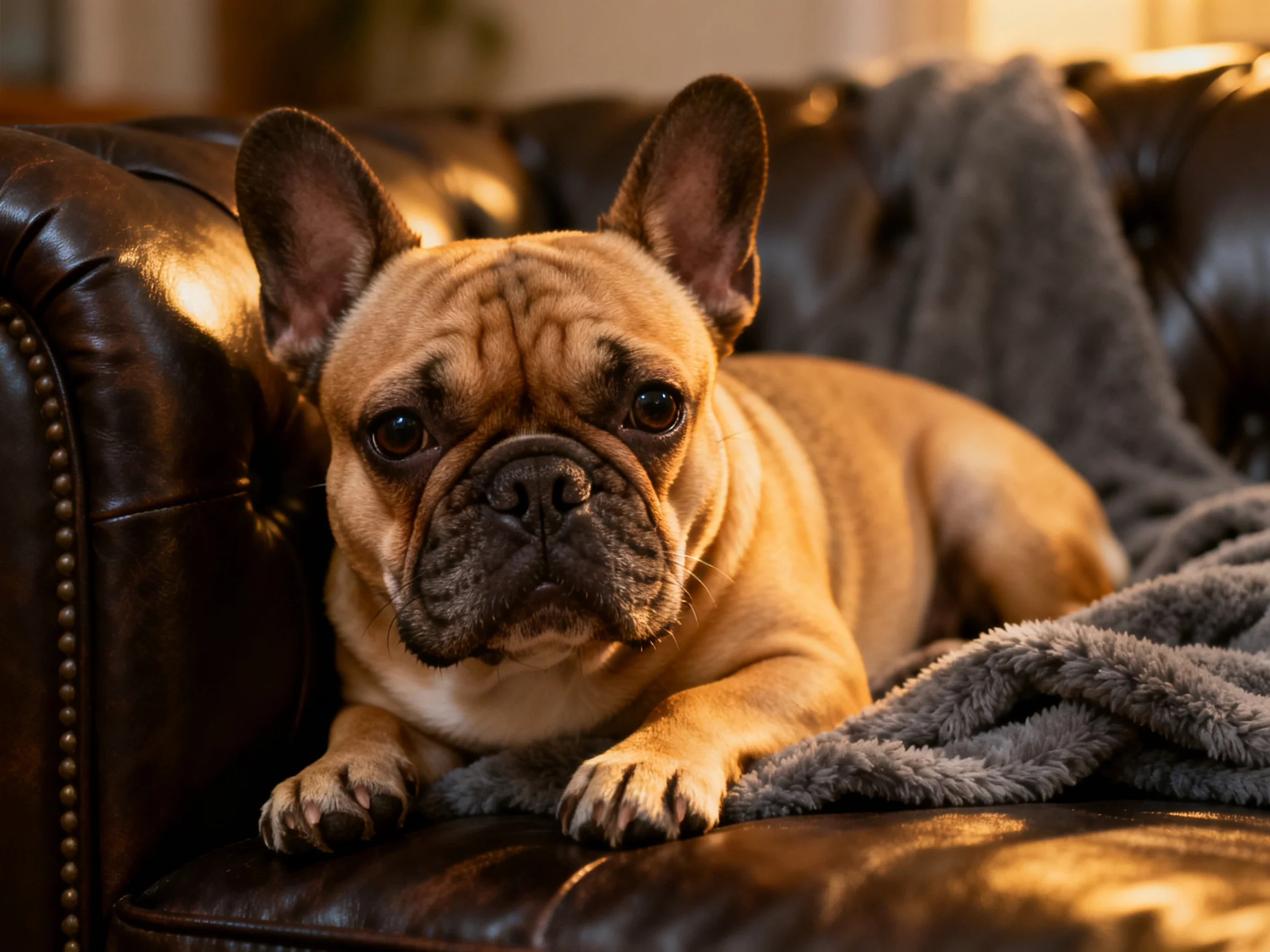 A French bulldog relaxes on a brown leather couch with a gray blanket