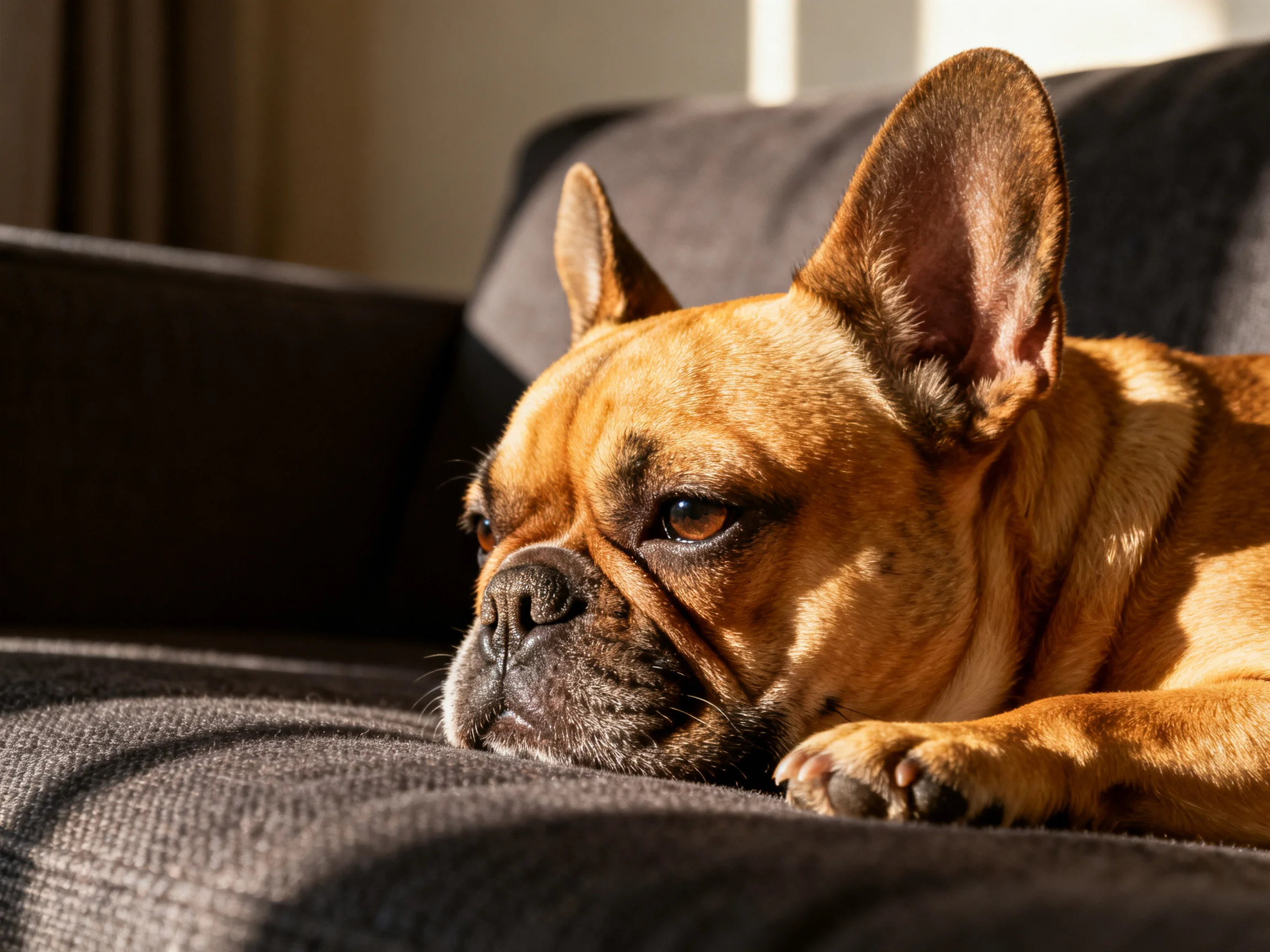 A tan French bulldog relaxes on a dark gray couch in sunlight.