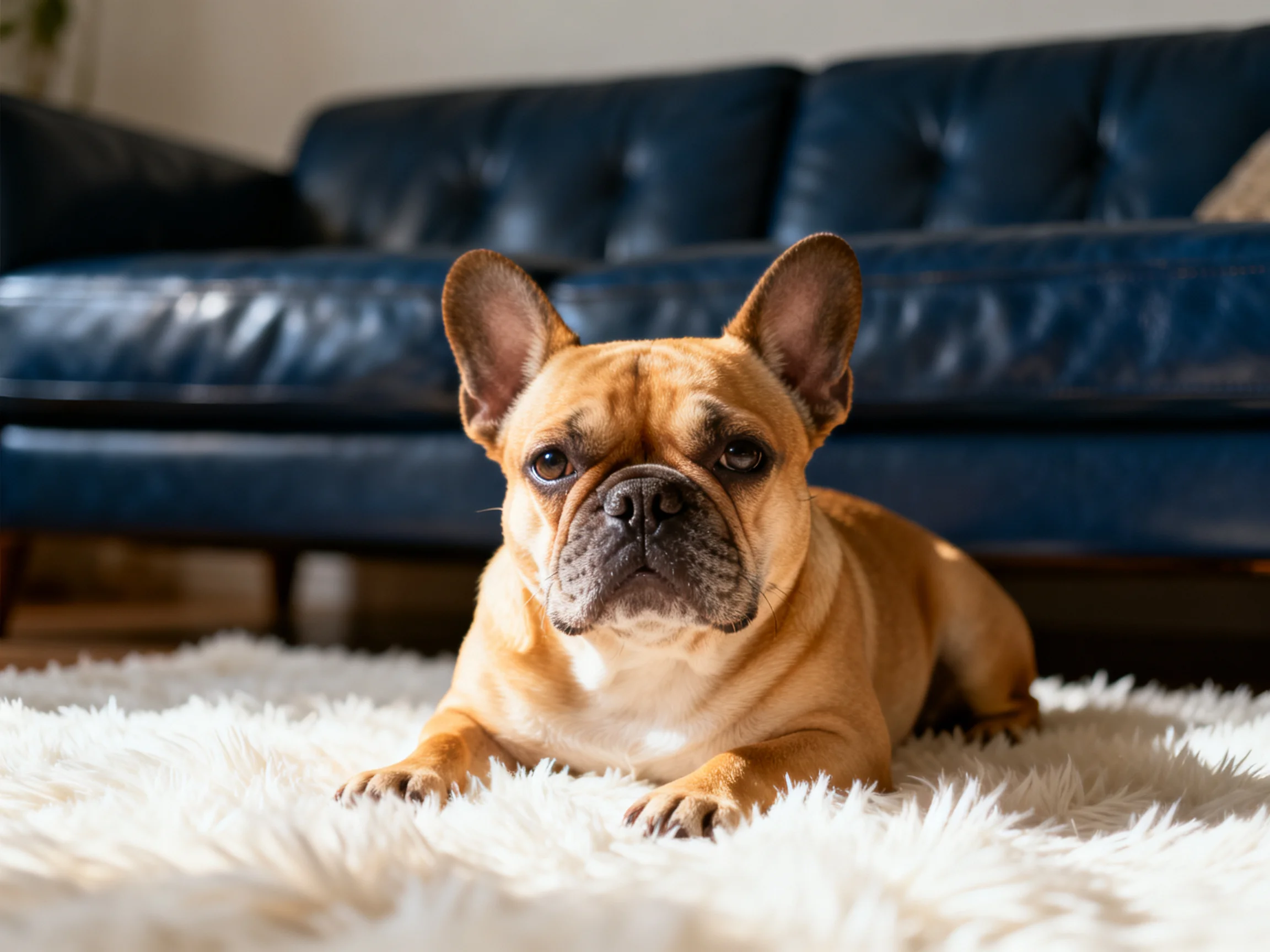 A tan French bulldog rests on a fluffy white rug near a dark blue leather sofa