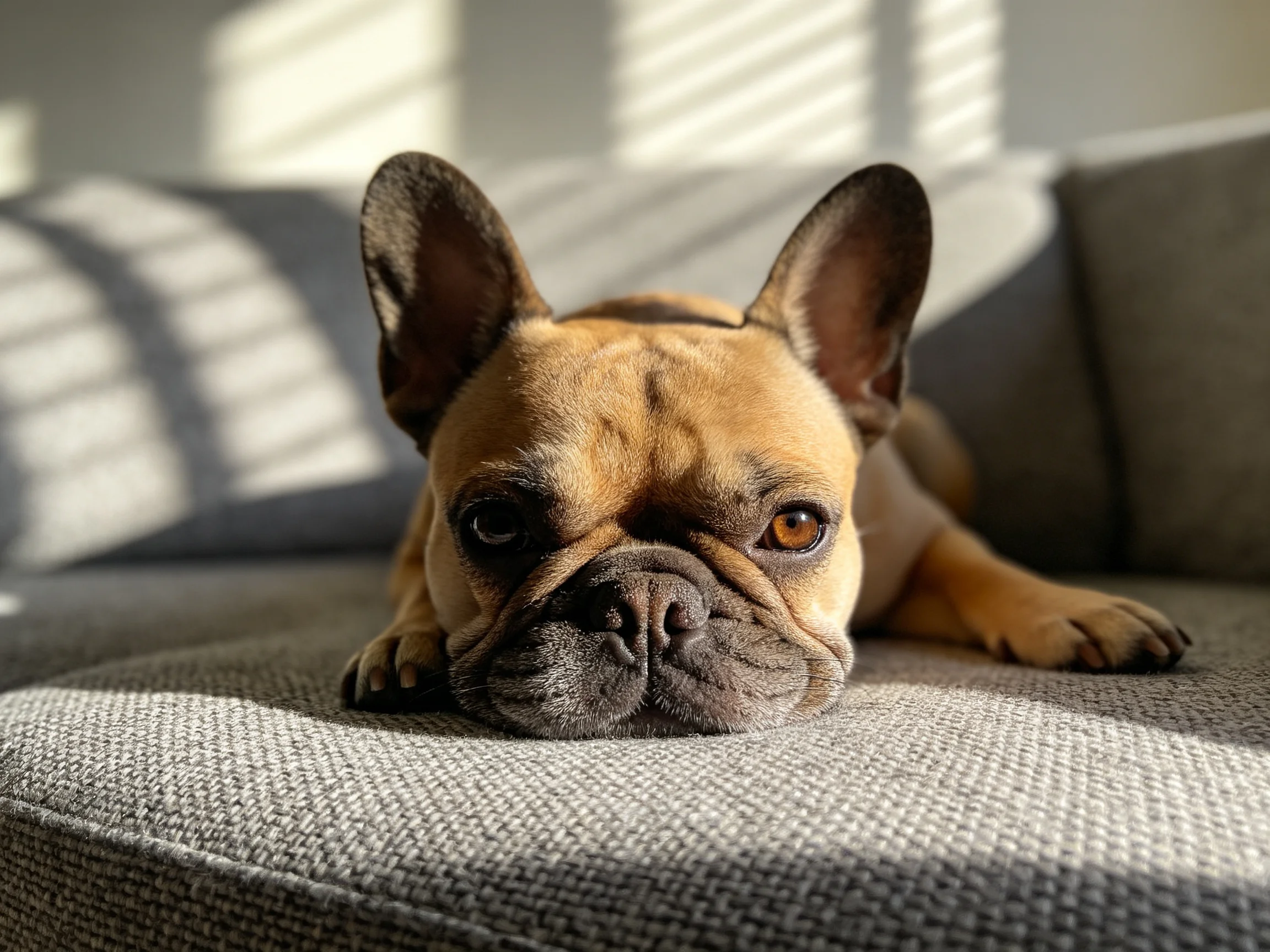 A tan French bulldog rests on a gray couch in sunlit shadows