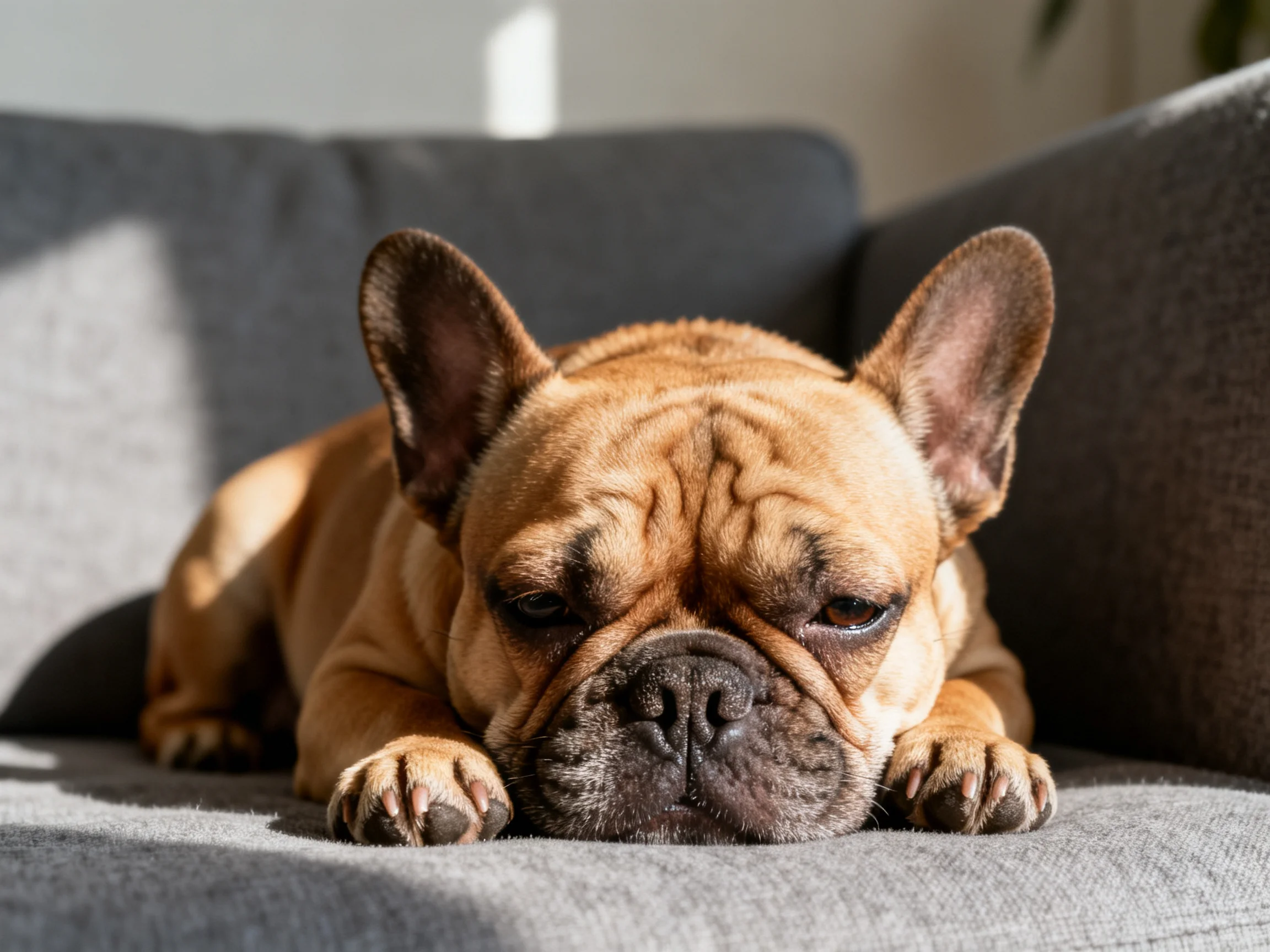 A tan French bulldog relaxes on a gray couch under bright sunlight.