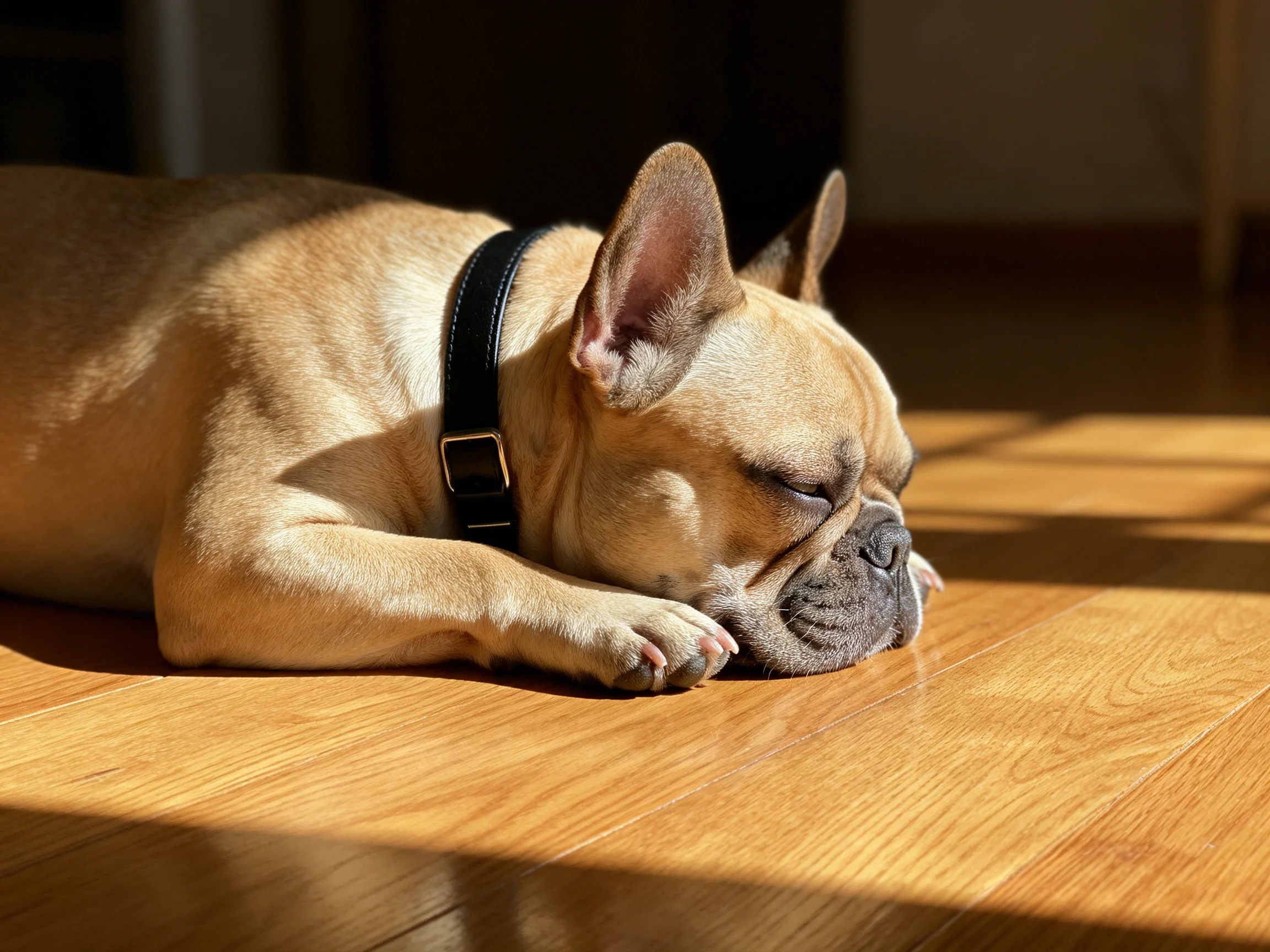 A tan French bulldog rests on a polished wooden floor in sunlight