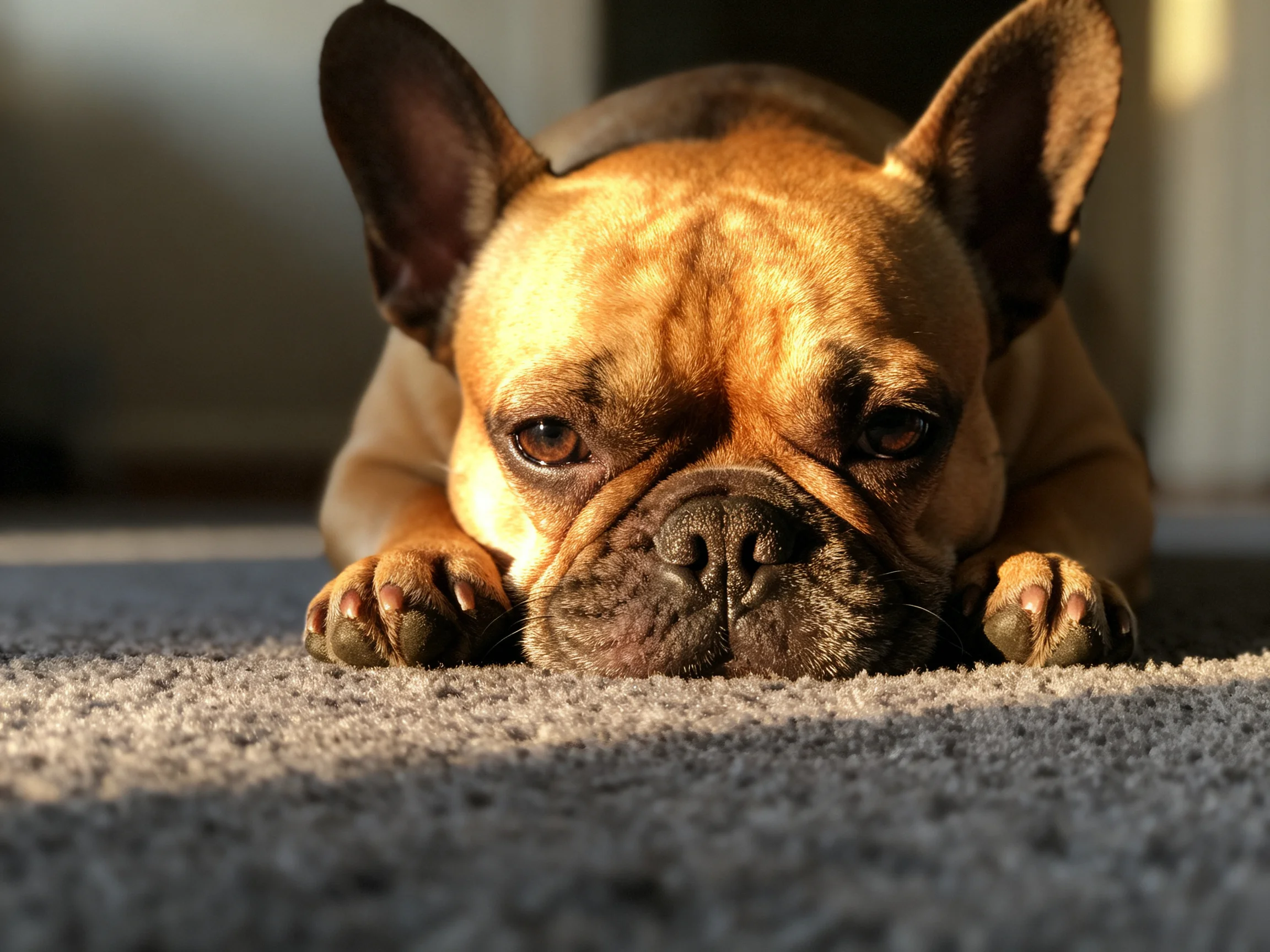 A tan French bulldog lies on a soft gray carpet under warm sunlight.