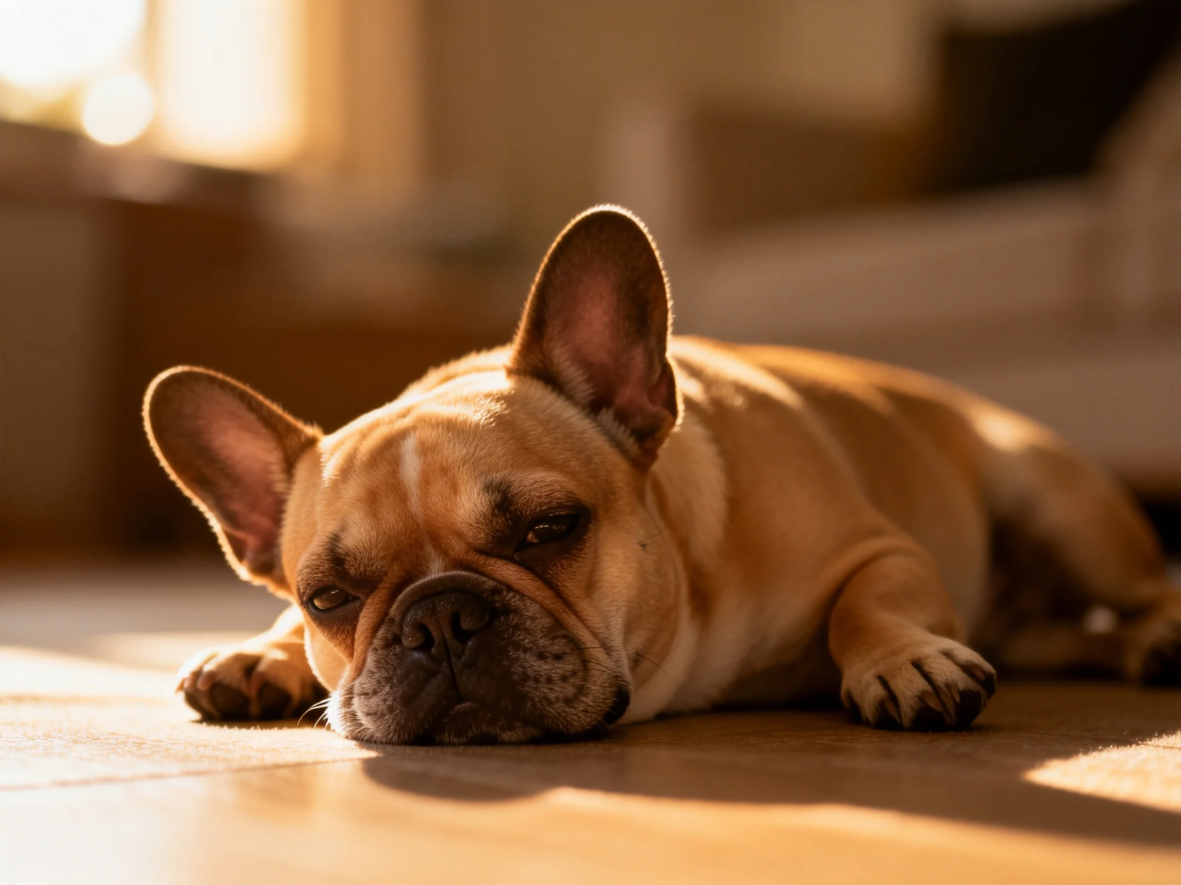 A tan French bulldog relaxes on a sunlit floor.