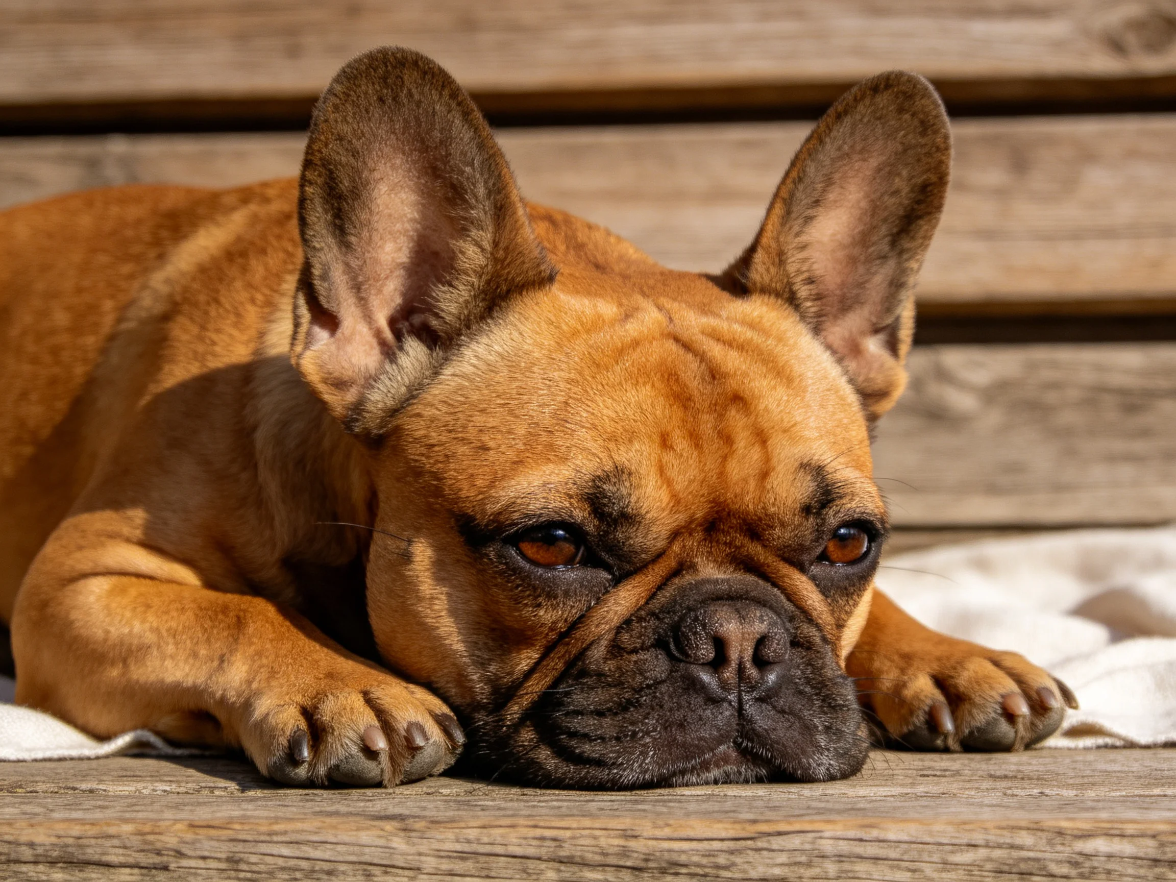 A tan French bulldog rests on a wooden surface with a white cloth