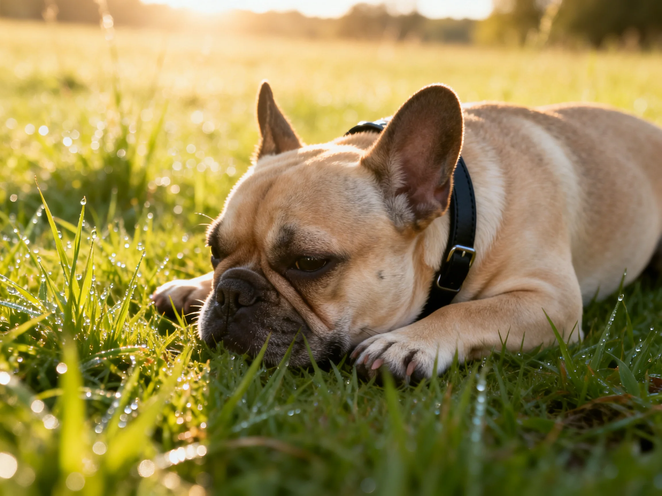 A tan French bulldog rests on dewy green grass in golden sunlight