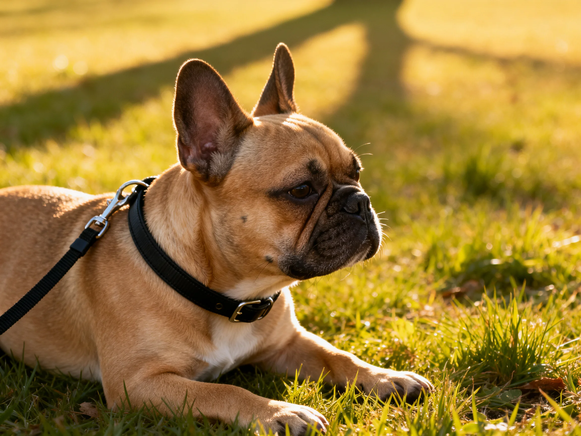 A tan French bulldog relaxes on grass in a sunlit outdoor setting.