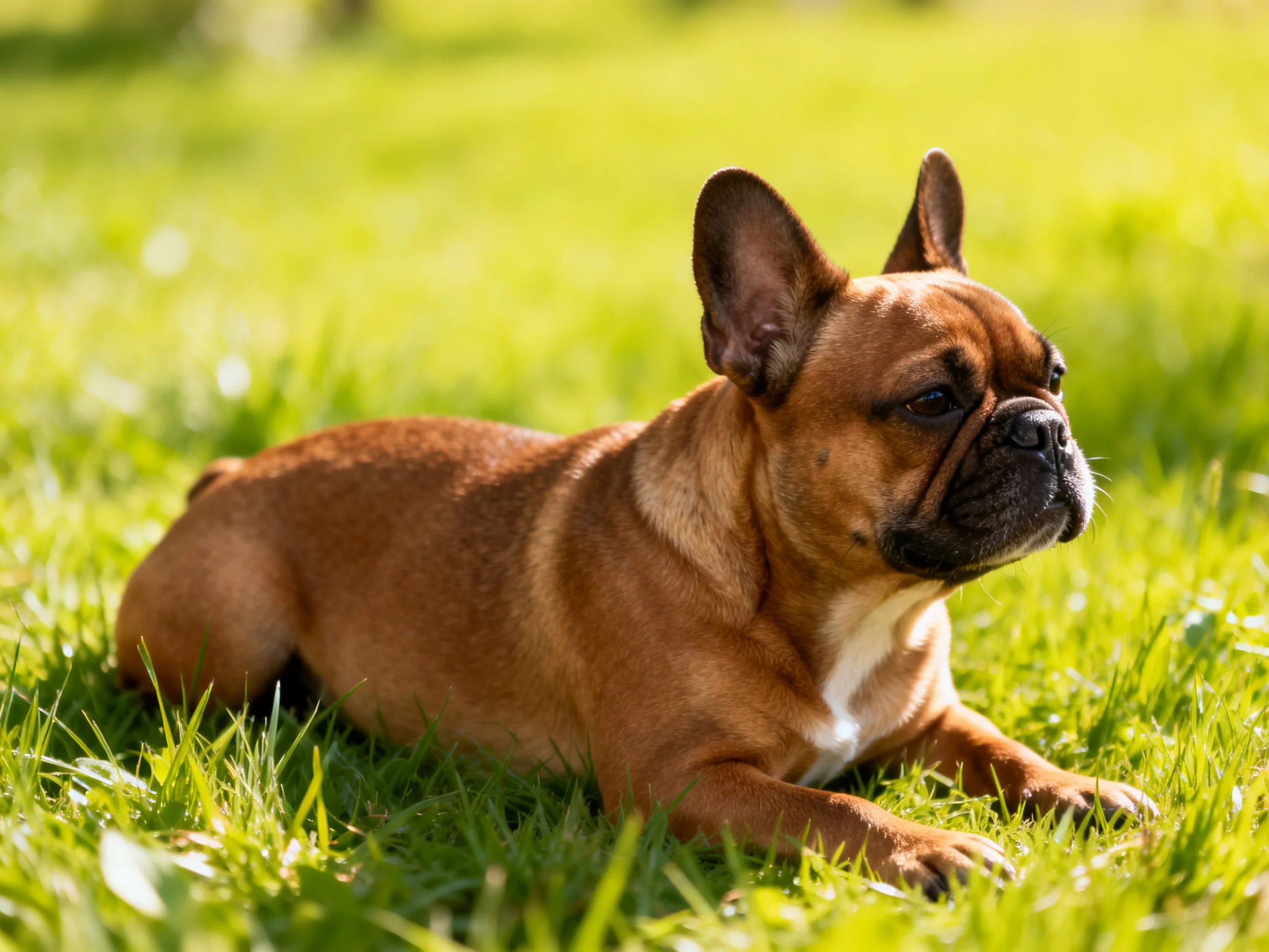 A tan French bulldog rests peacefully on lush green grass in a sunlit outdoor setting.