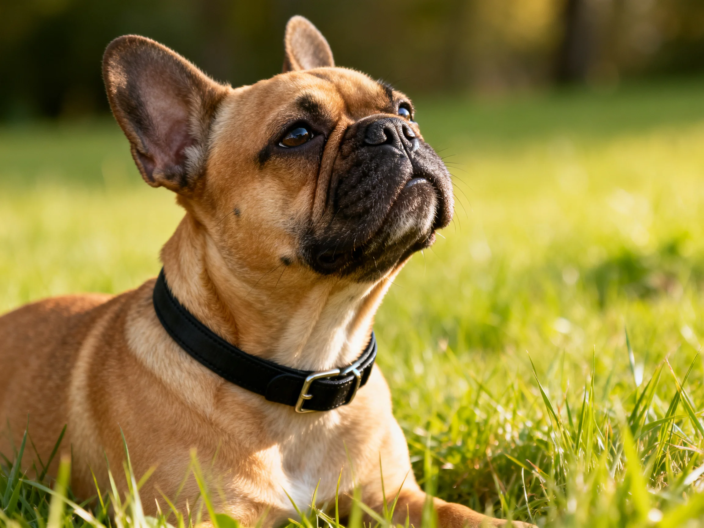 A tan French bulldog relaxes on green grass wearing a black collar