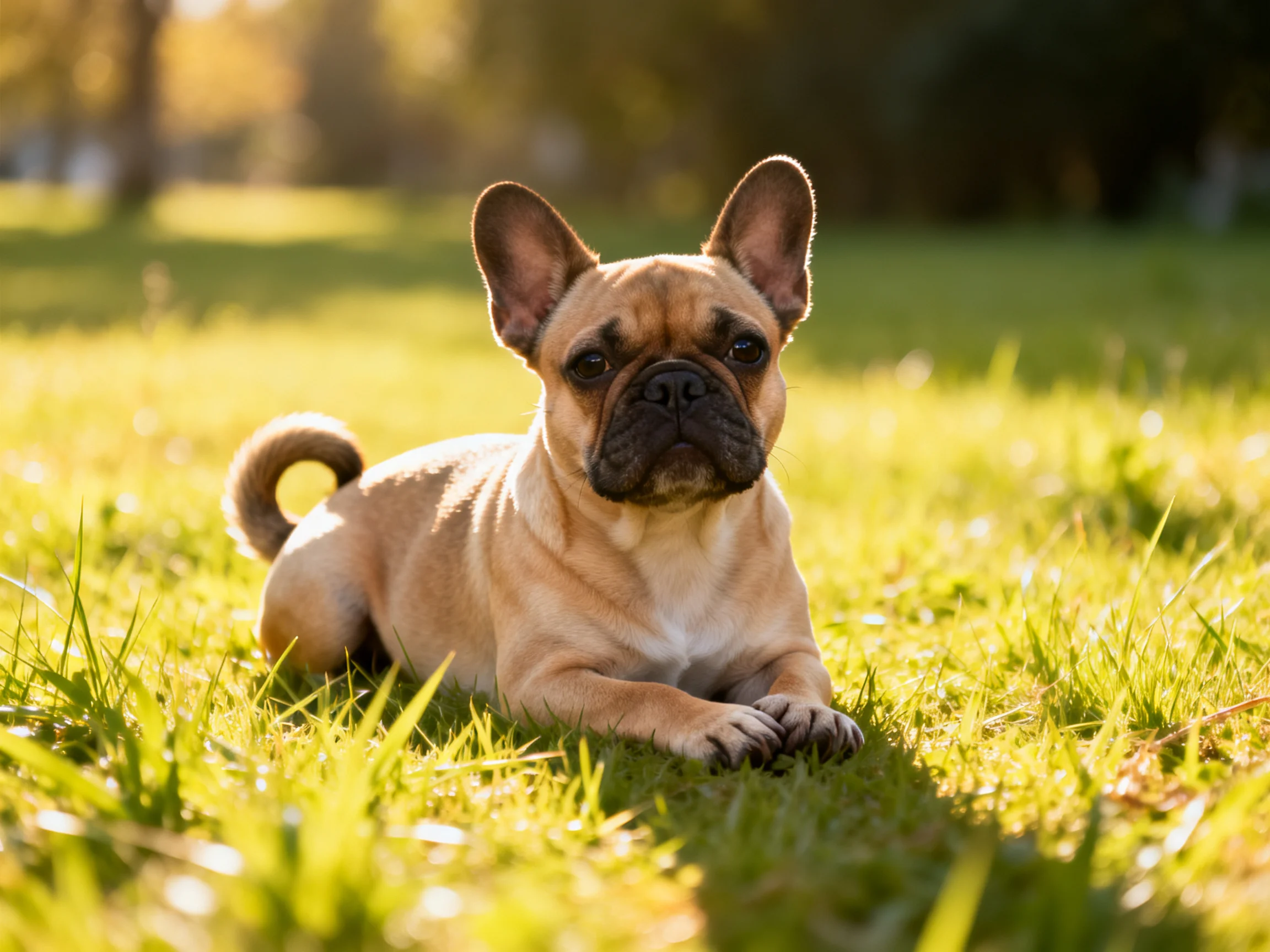 A tan French bulldog relaxes on sunlit grass.
