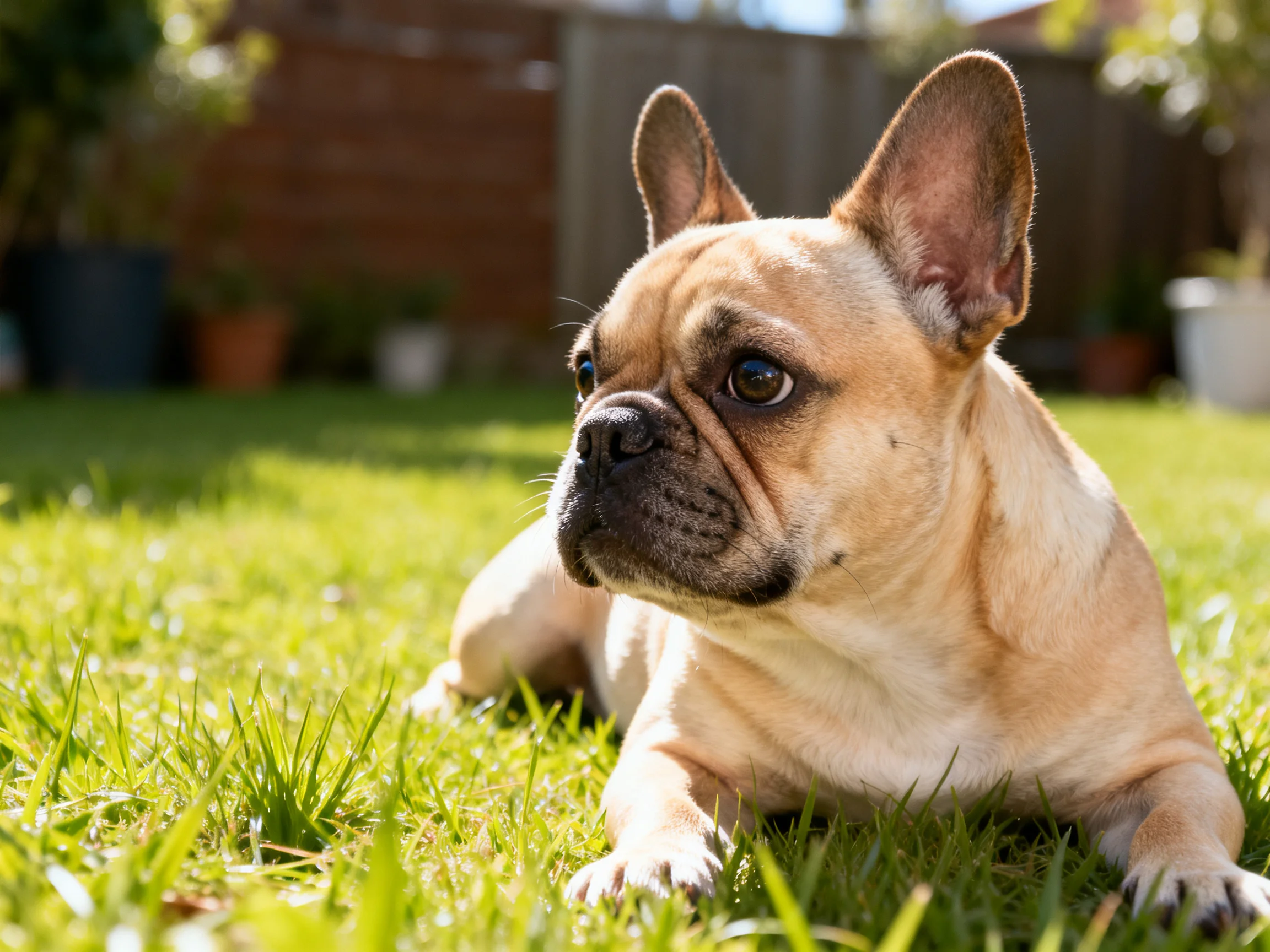 A tan French bulldog lies calmly on lush grass in a sunlit outdoor area.