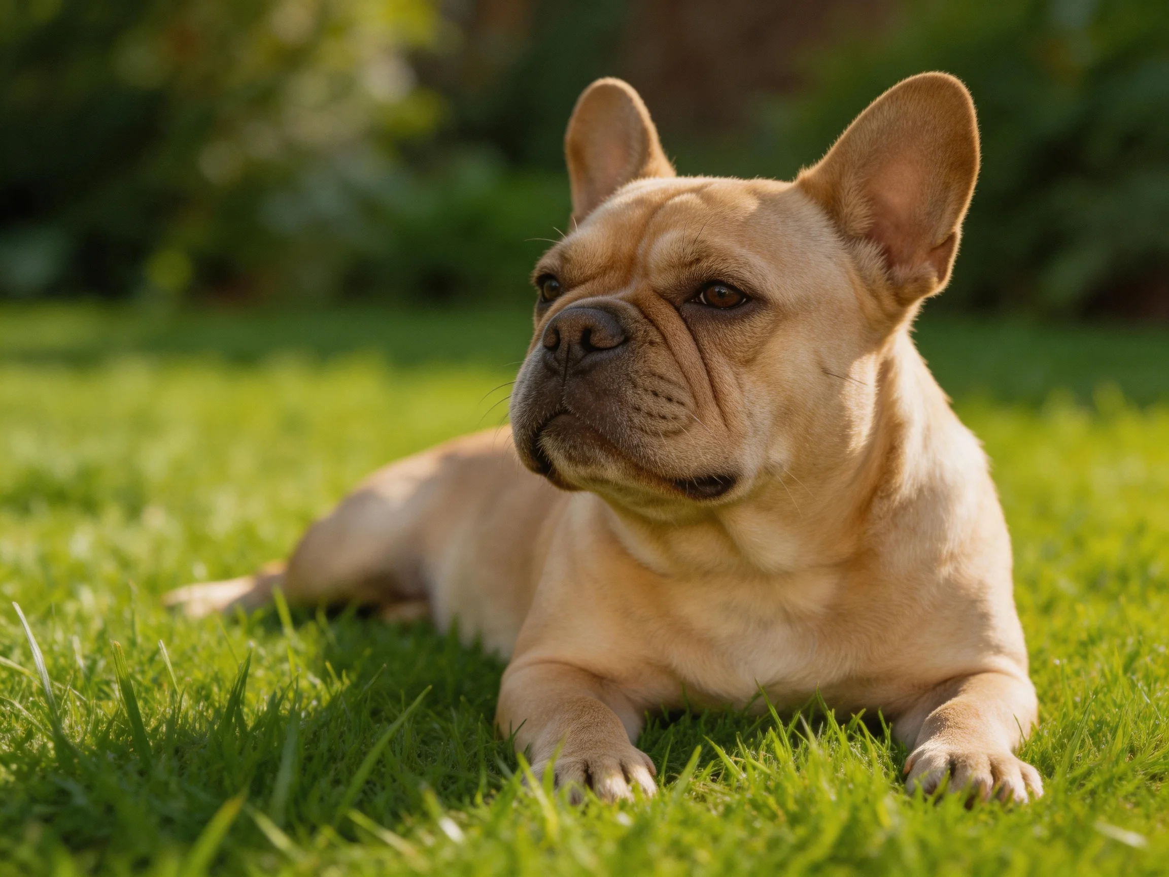 A tan French bulldog rests on vibrant green grass outdoors