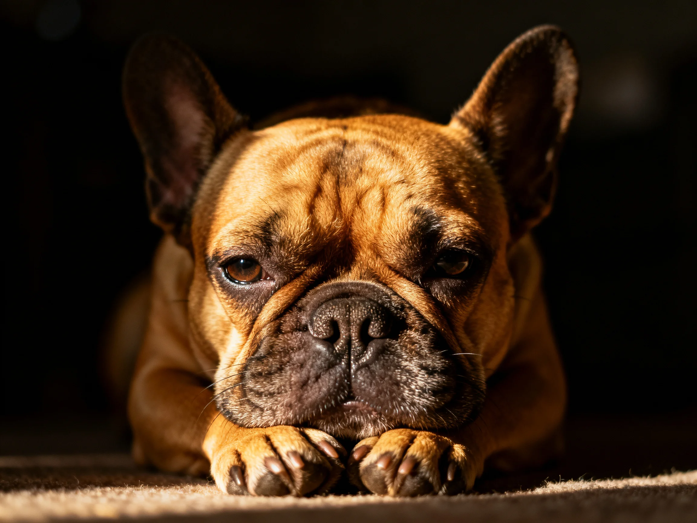 A tan French bulldog rests calmly with paws forward in a dim setting.