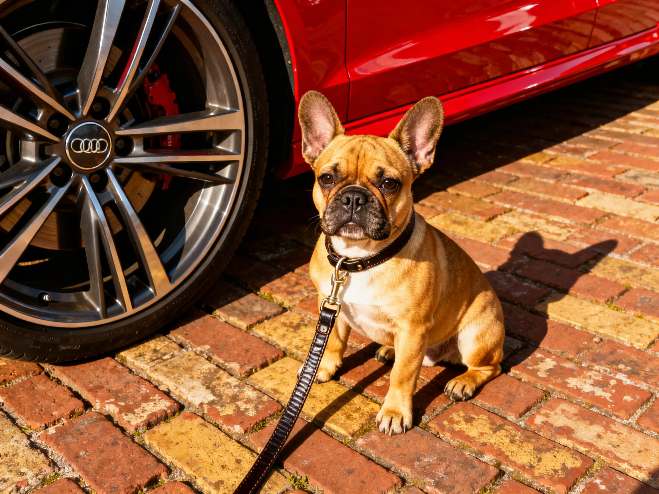 A tan French bulldog sits near a red Audi on a brick path.