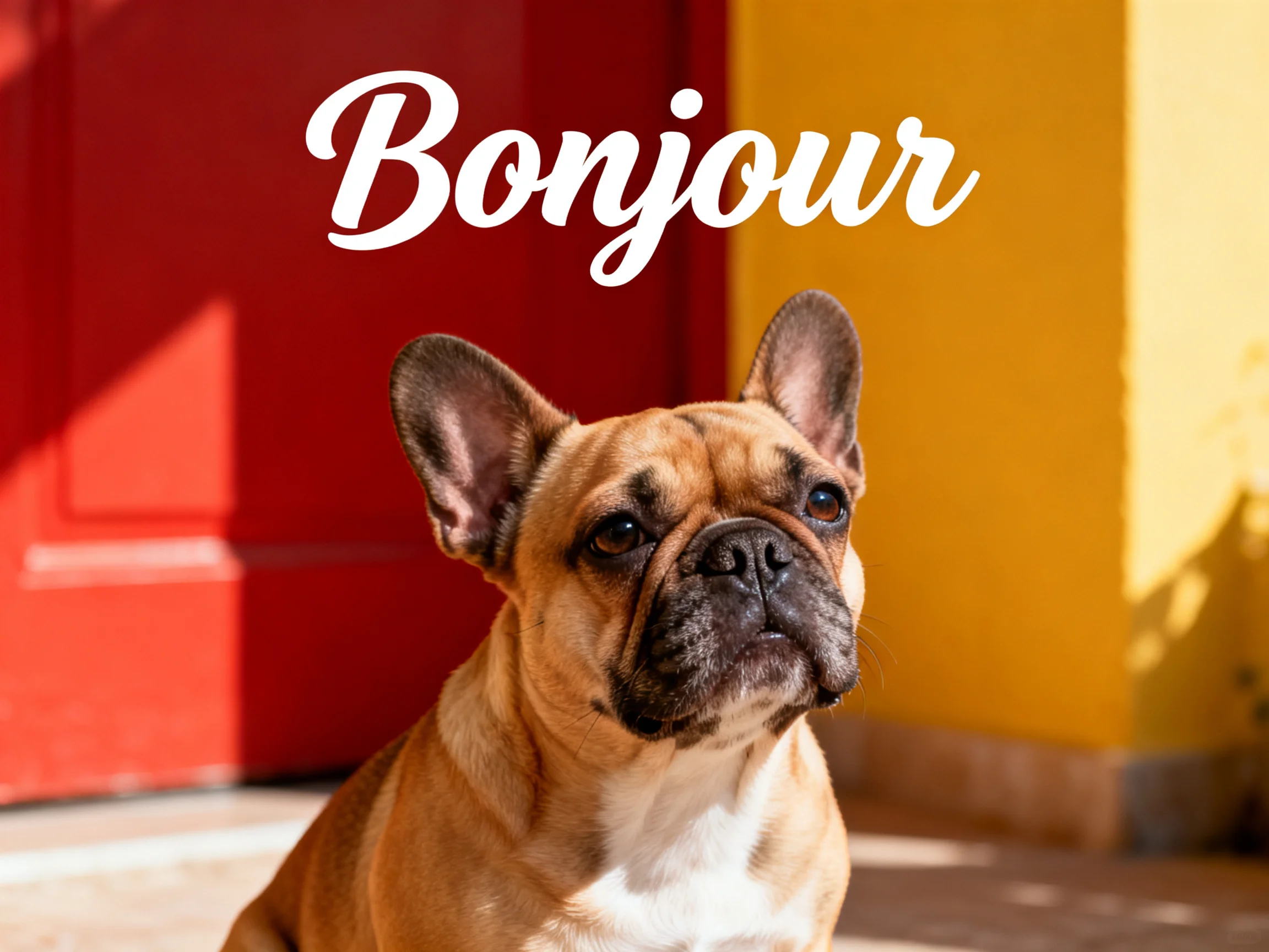 A tan French bulldog sits near colorful walls with Bonjour text overhead.