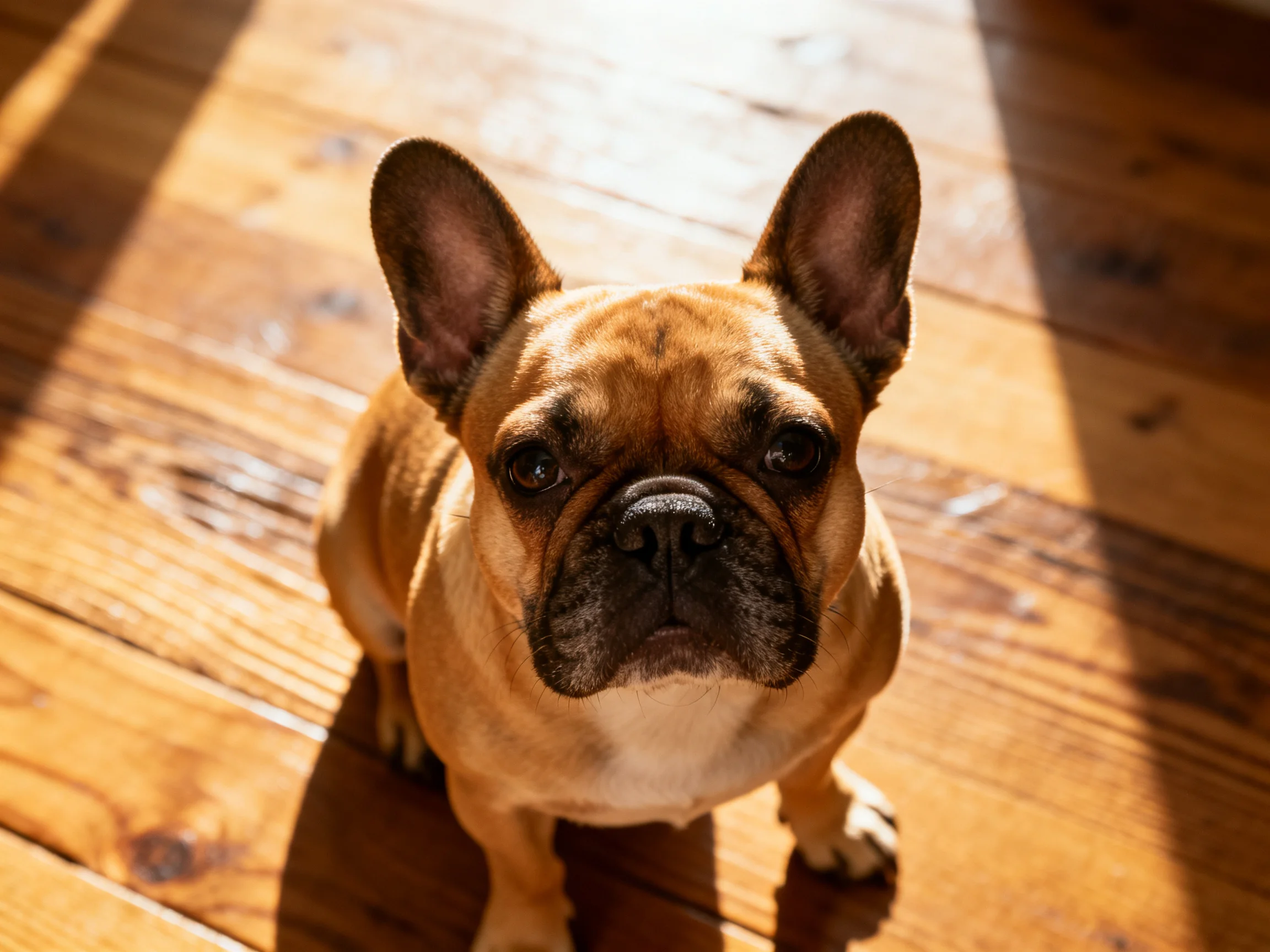 A tan French bulldog sits on a polished wooden floor bathed in warm sunlight