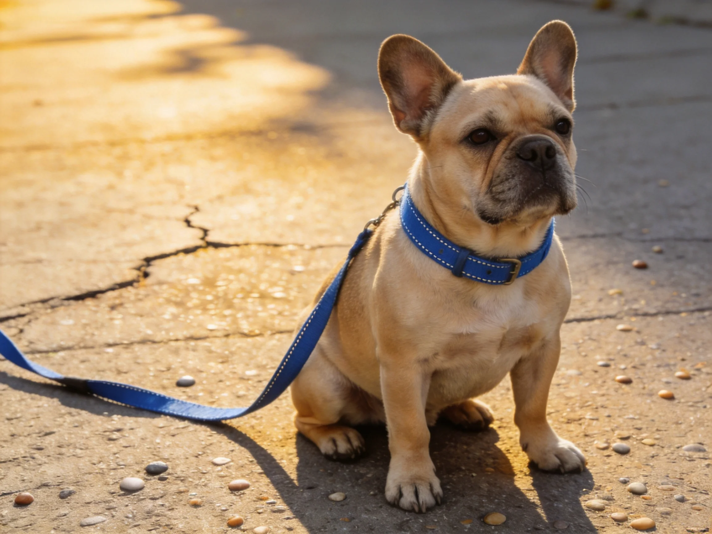 A tan French bulldog sits on cracked pavement with a blue leash