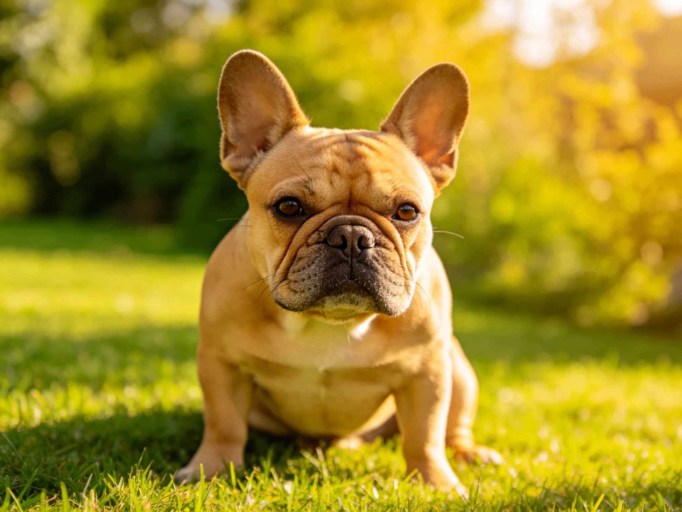 A tan French bulldog sits on lush green grass in bright sunlight