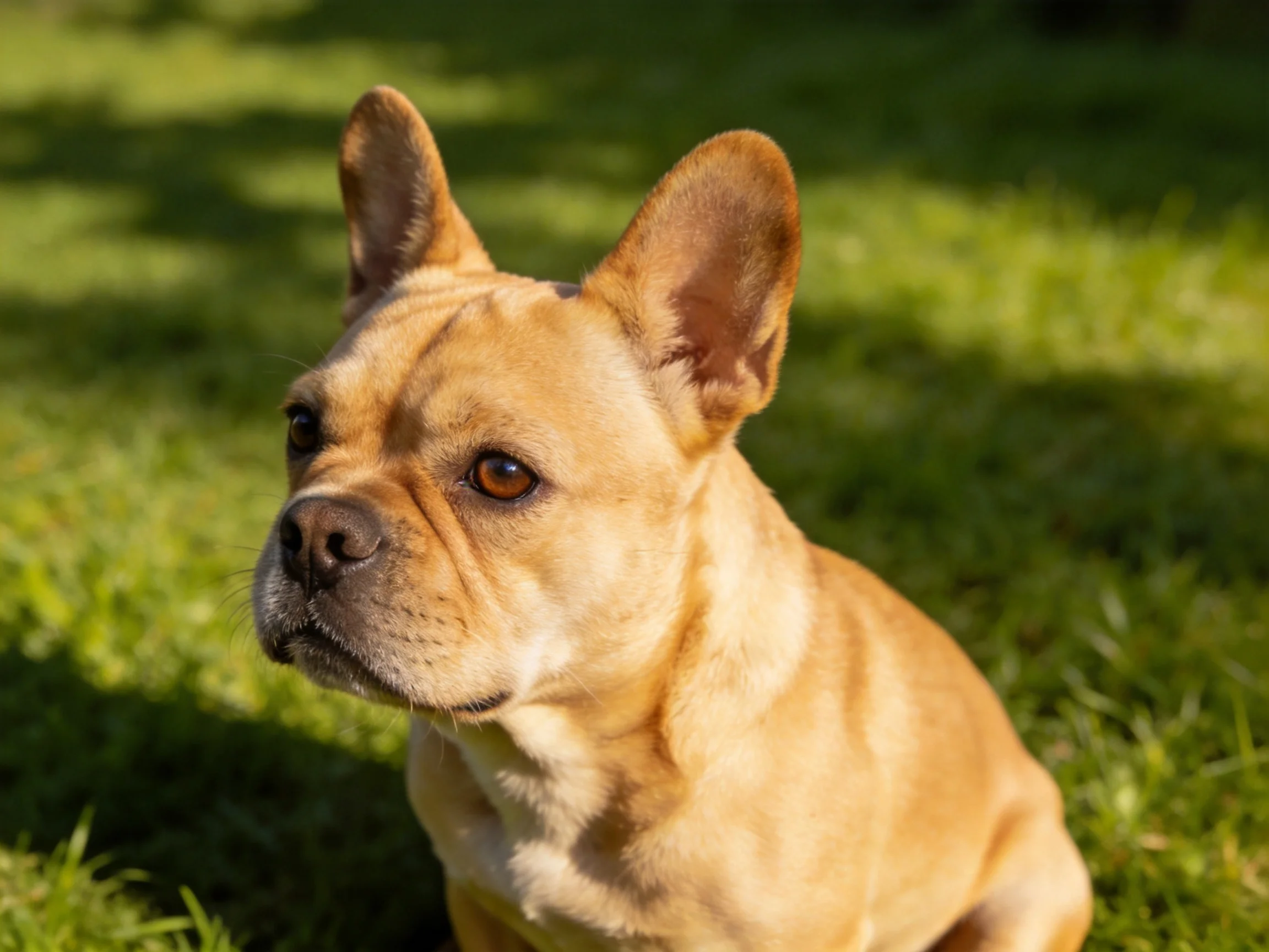 A tan French bulldog rests on green grass in a sunlit outdoor setting.