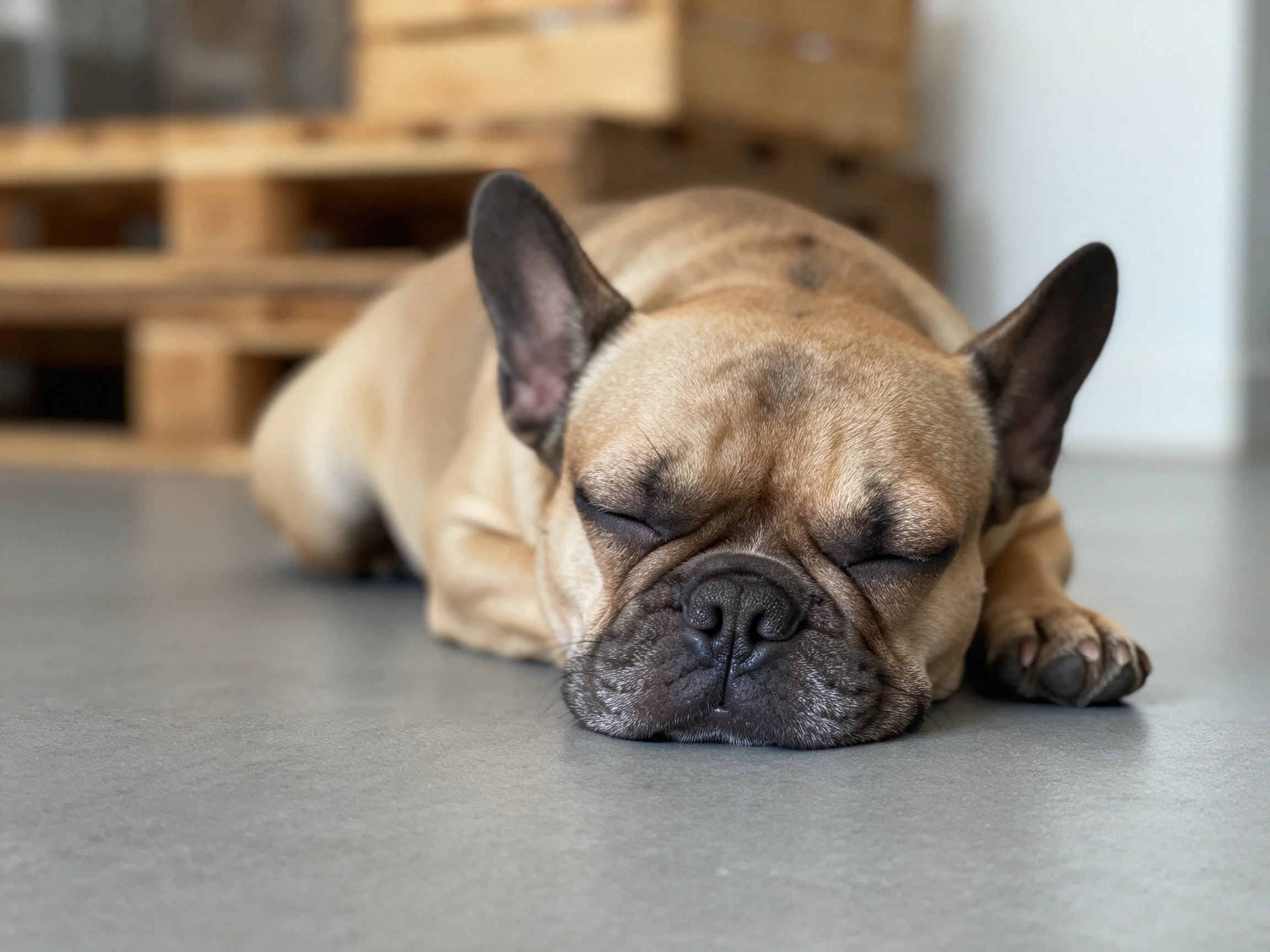 A tan French bulldog sleeps soundly on a smooth gray floor with wooden crates in the background.