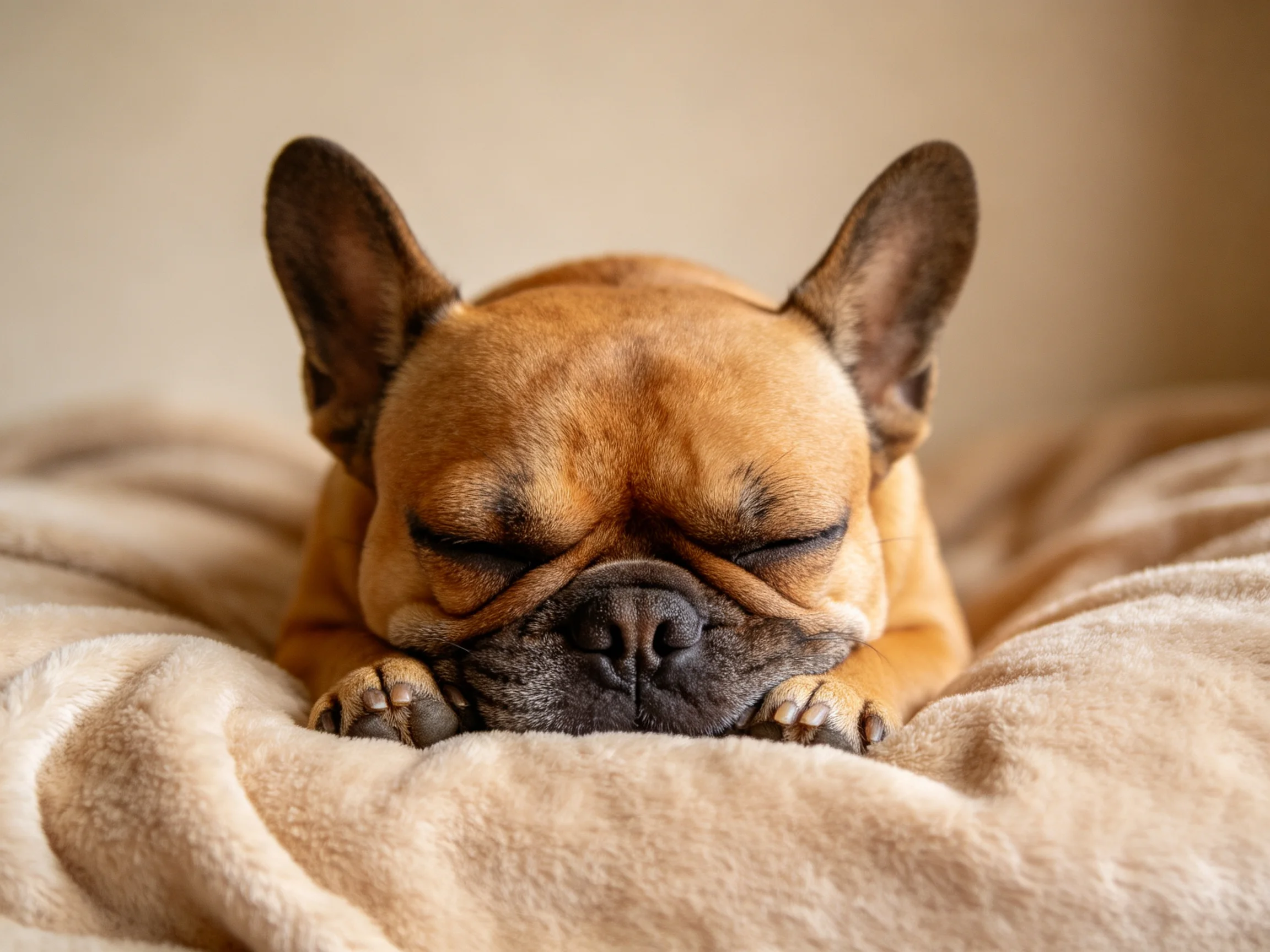 A tan French bulldog sleeps soundly on a soft beige blanket