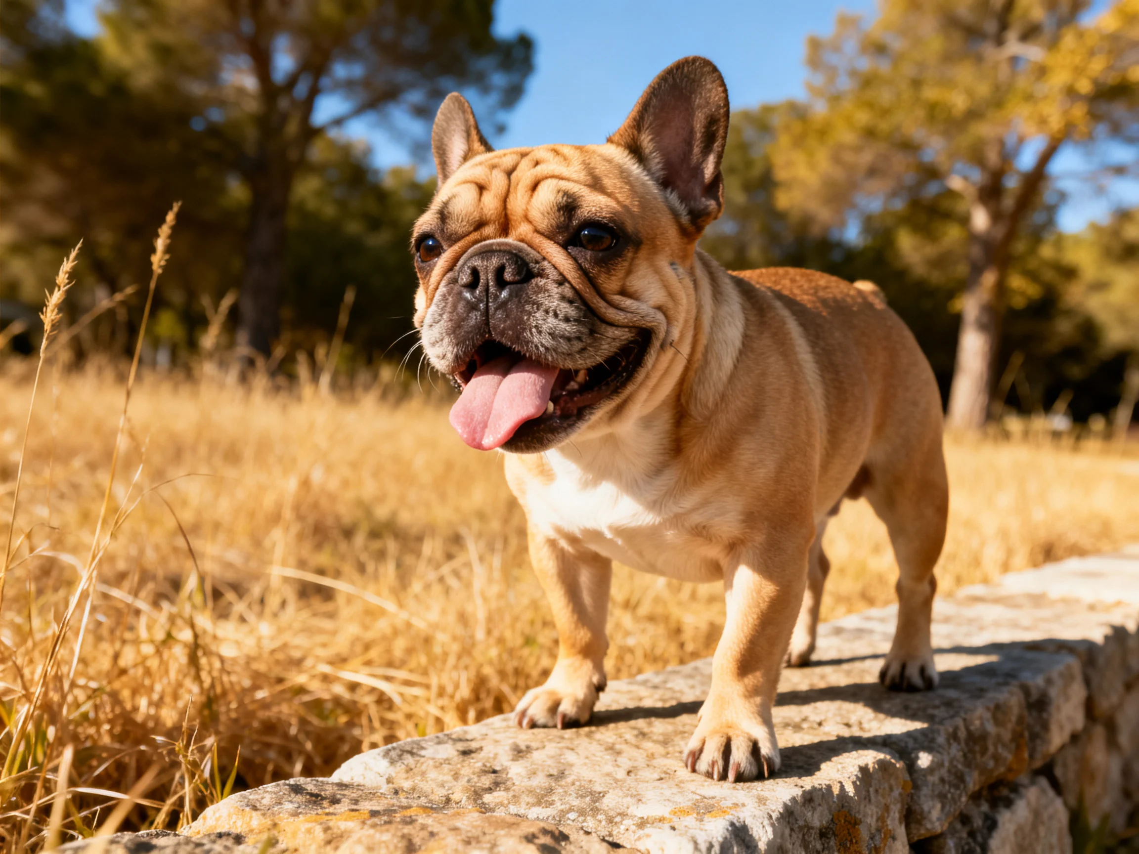 A tan French bulldog stands atop a stone wall in golden fields