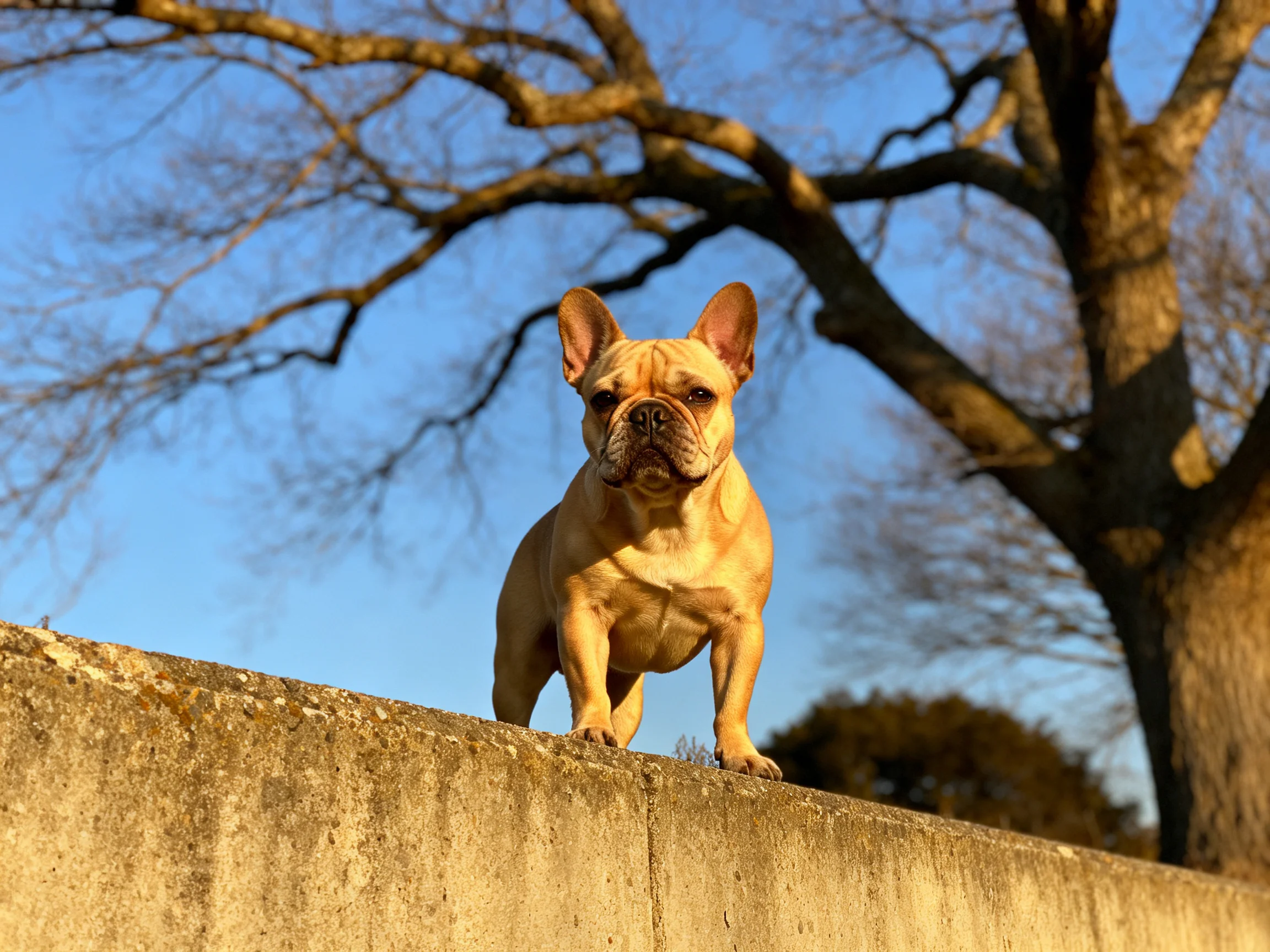 A tan French bulldog stands atop a weathered concrete wall near a bare tree