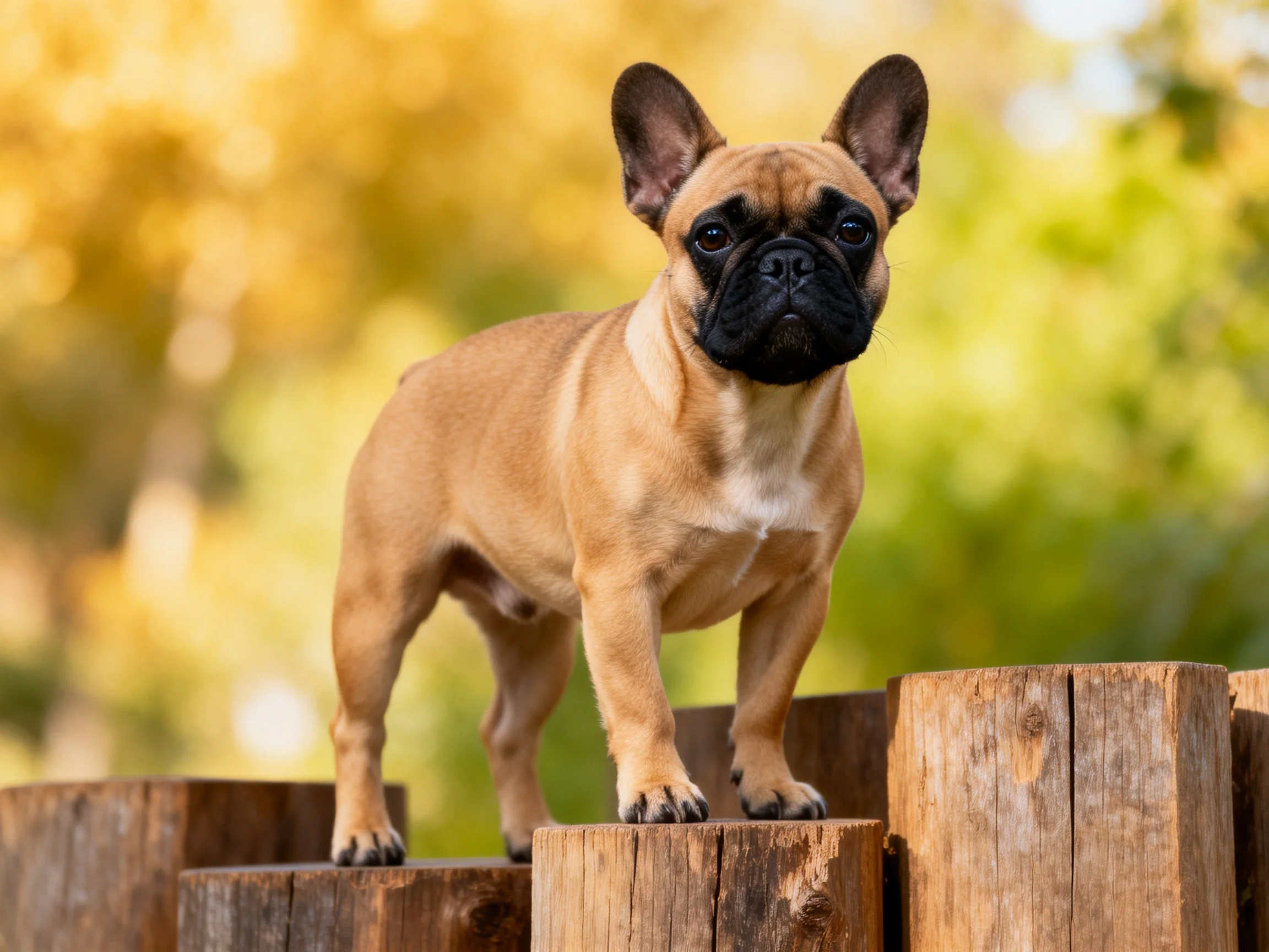 A tan French bulldog stands on weathered wooden logs in a sunlit outdoor setting.
